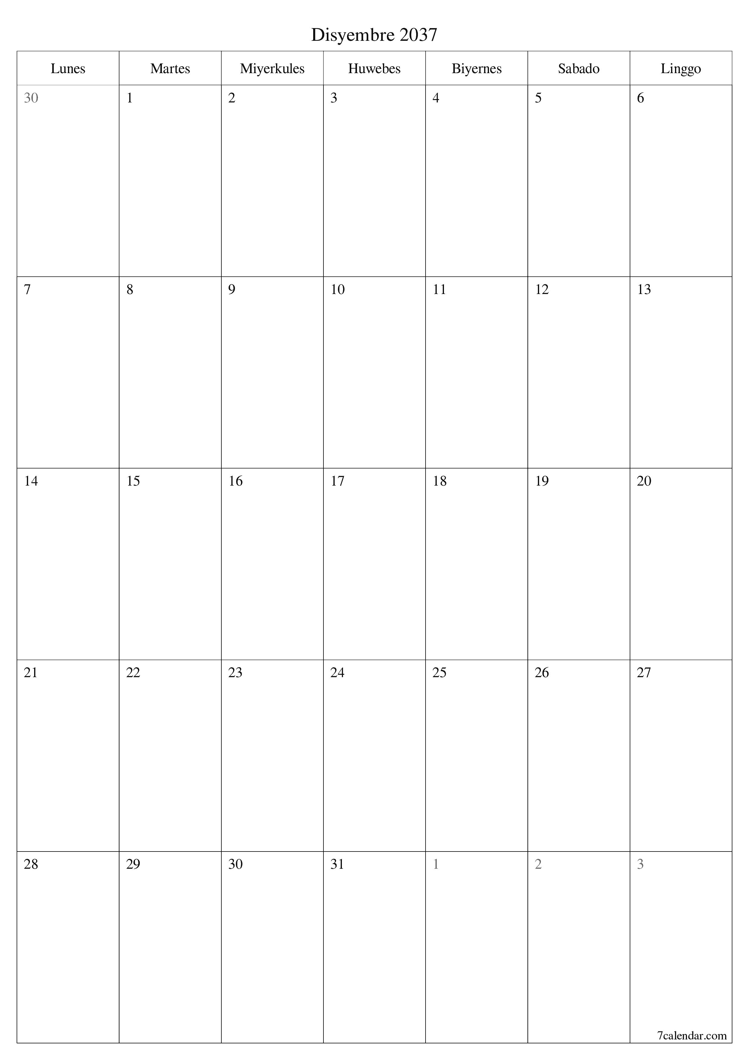 napi-print na sa dingding template ng libreng patayo Buwanang tagaplano kalendaryo Disyembre (Dis) 2037