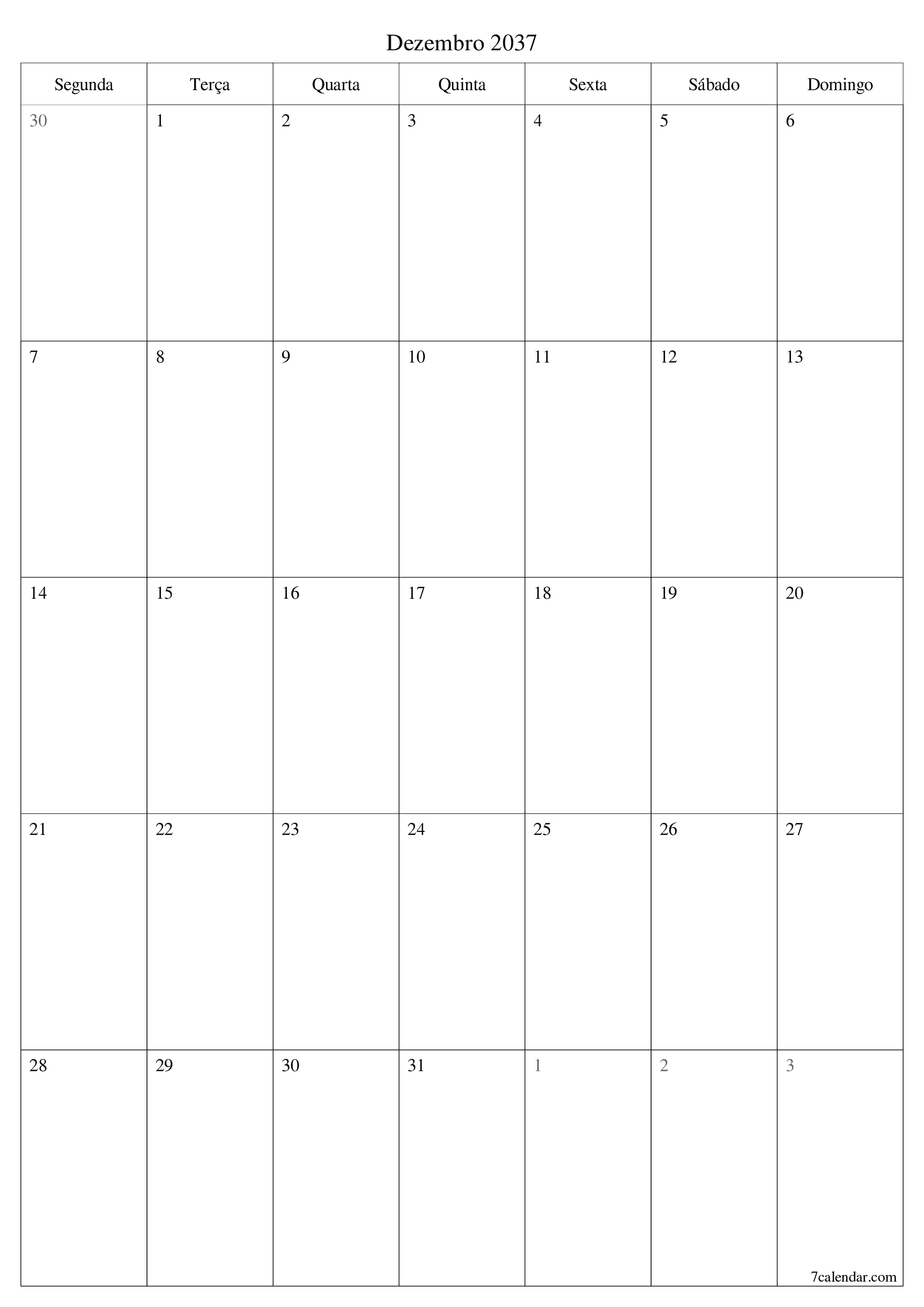  para impressão de parede modelo de grátisvertical Mensal planejador calendário Dezembro (Dez) 2037