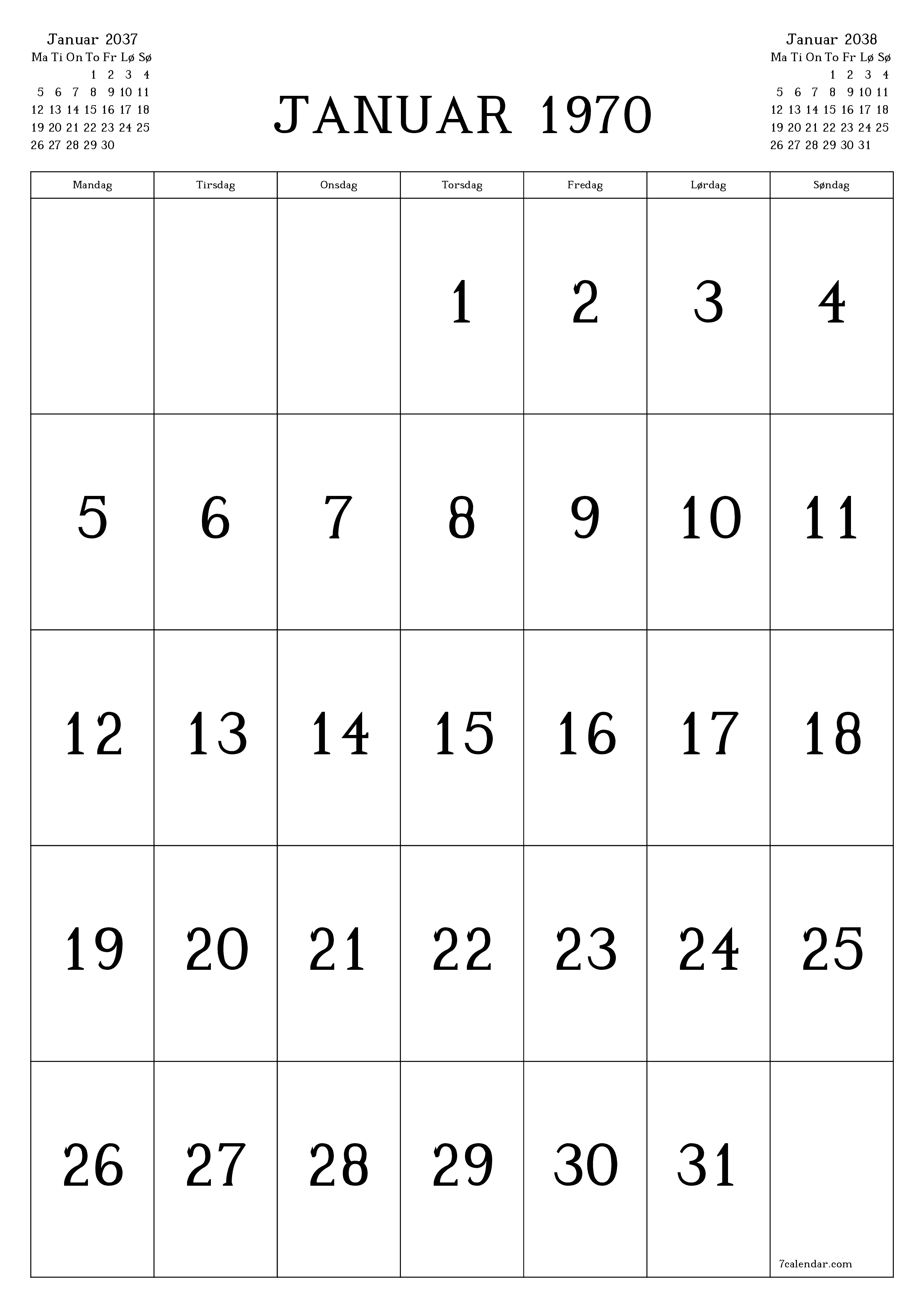 utskrivbar vegg mal gratis vertikal Månedlig kalender Desember (Des) 2037
