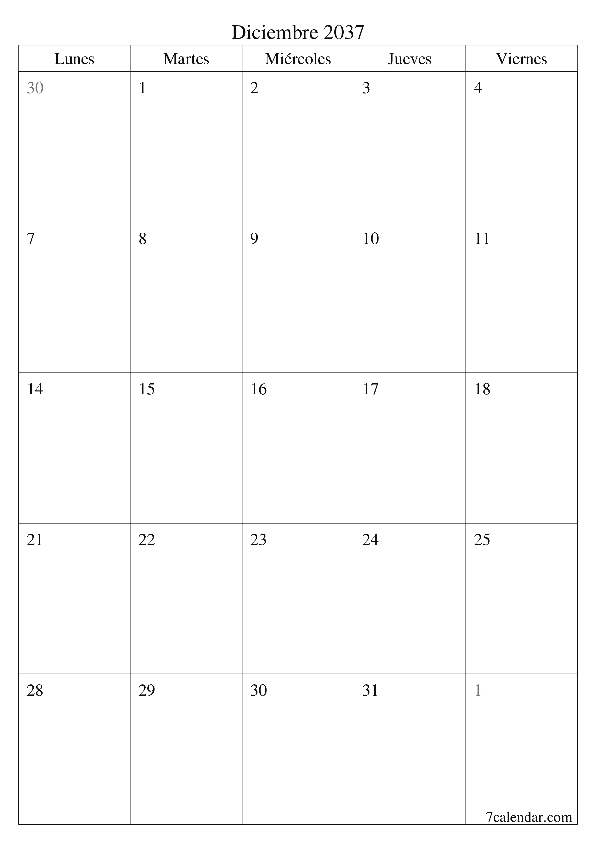  imprimible de pared plantilla de gratisvertical Mensual planificador calendario Diciembre (Dic) 2037