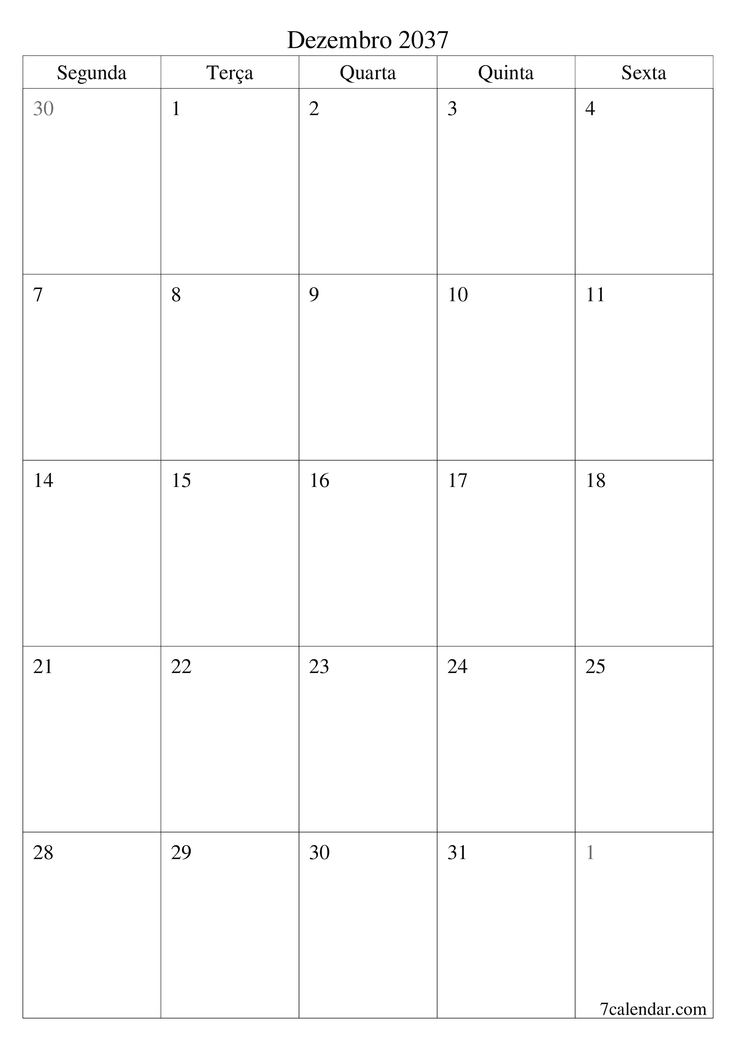 para impressão de parede modelo de grátisvertical Mensal planejador calendário Dezembro (Dez) 2037