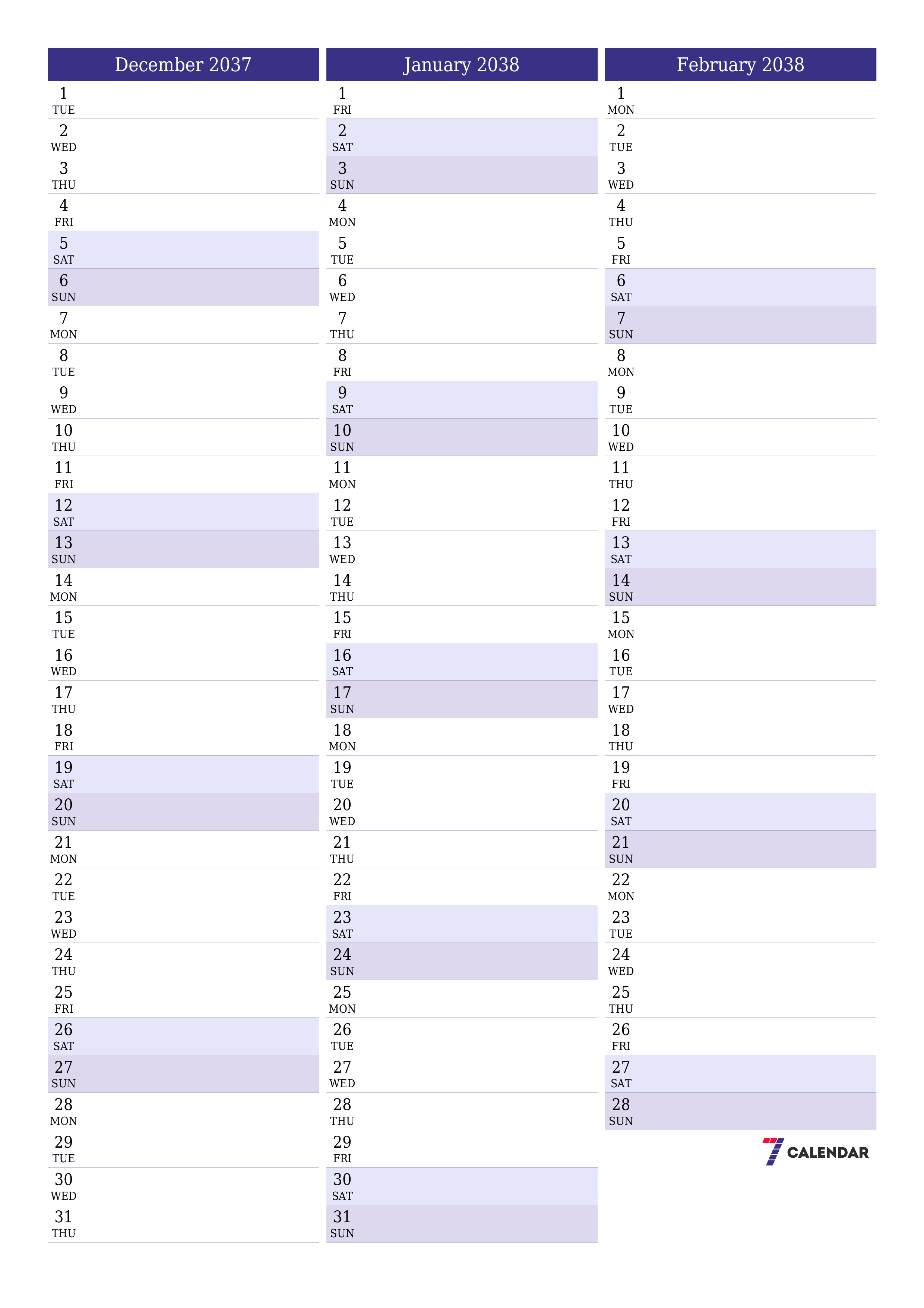 Blank calendar December 2037