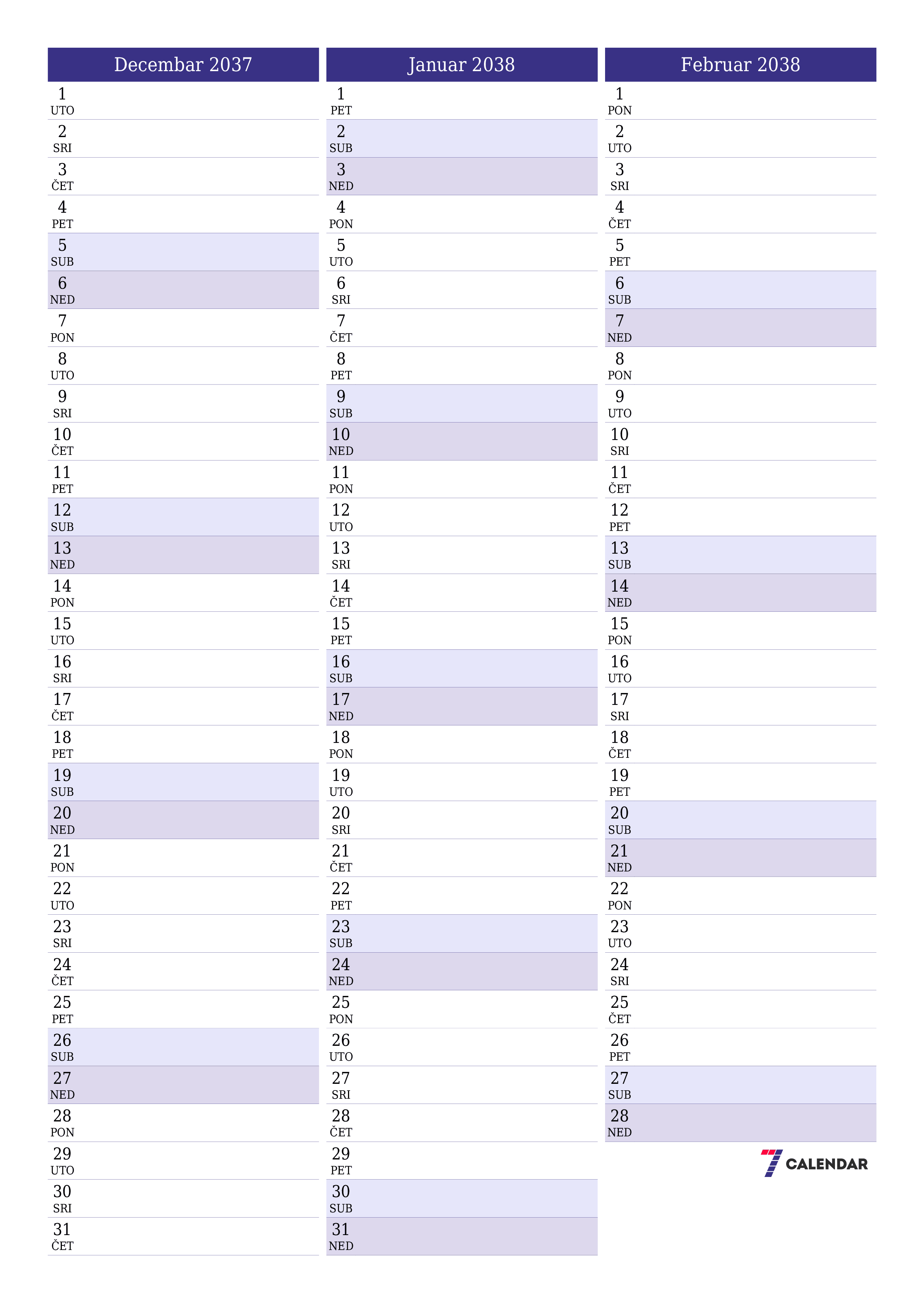  za štampanje zidni šablon a besplatni vertikalno Mjesečno planer kalendar Decembar (Dec) 2037