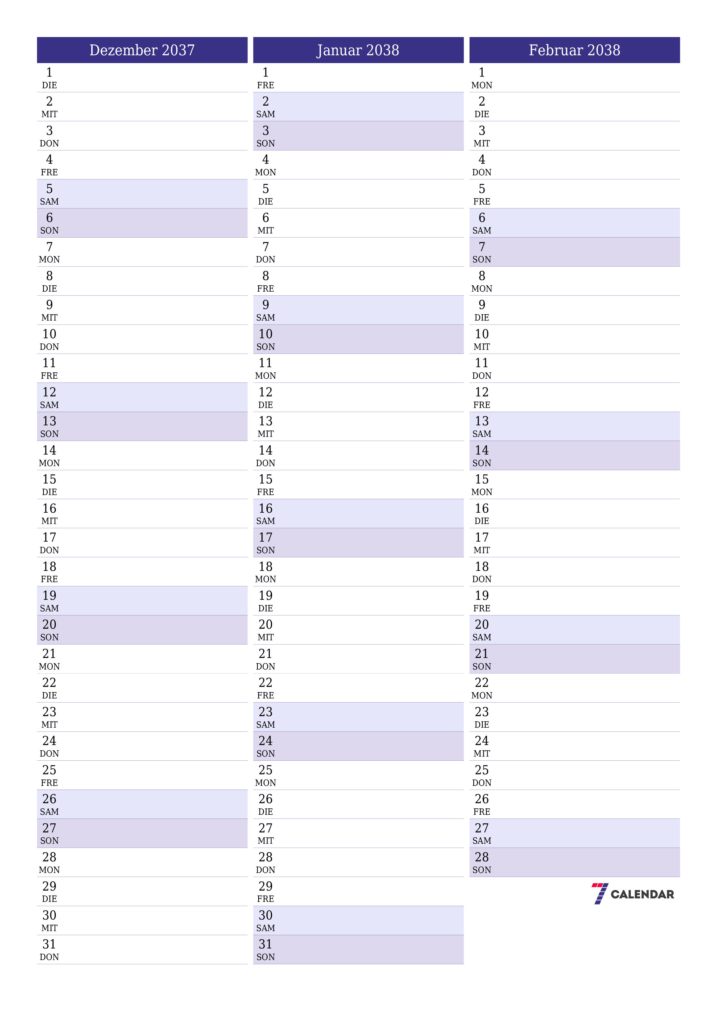  zum Ausdrucken Wandkalender vorlage kostenloser vertikal Monatlich Planer Kalender Dezember (Dez) 2037