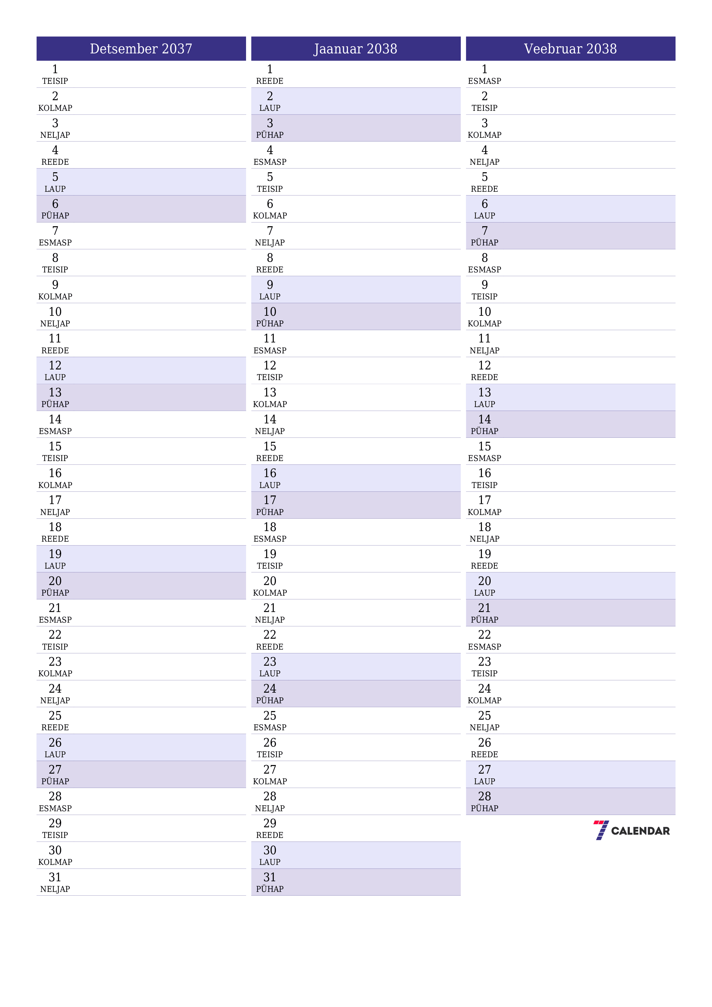 prinditav seina kalendri mall tasuta vertikaalne Igakuine planeerija kalender Detsember (Dets) 2037