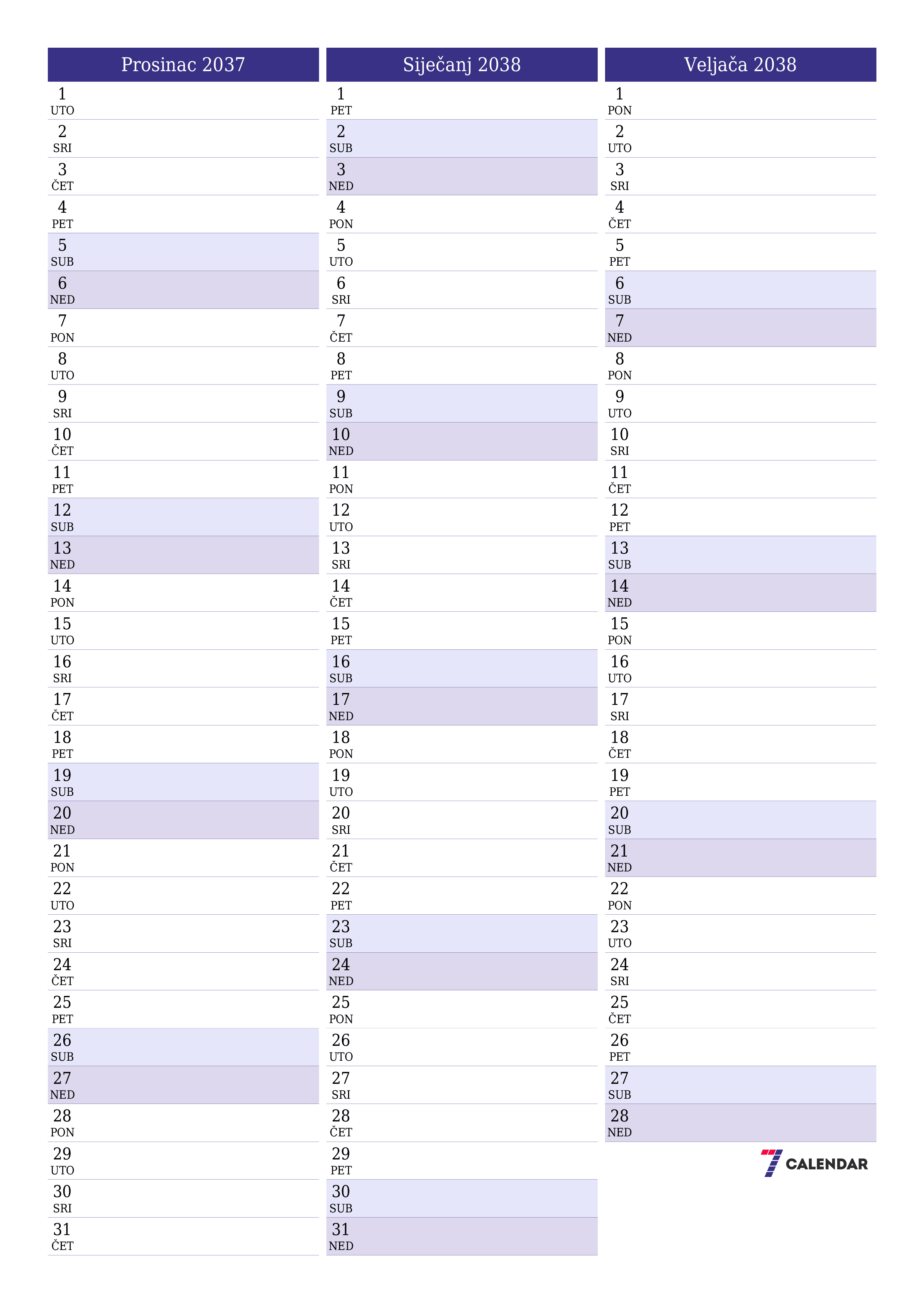  za ispis zidni predložak a besplatni okomito Mjesečni planer kalendar Prosinac (Pro) 2037