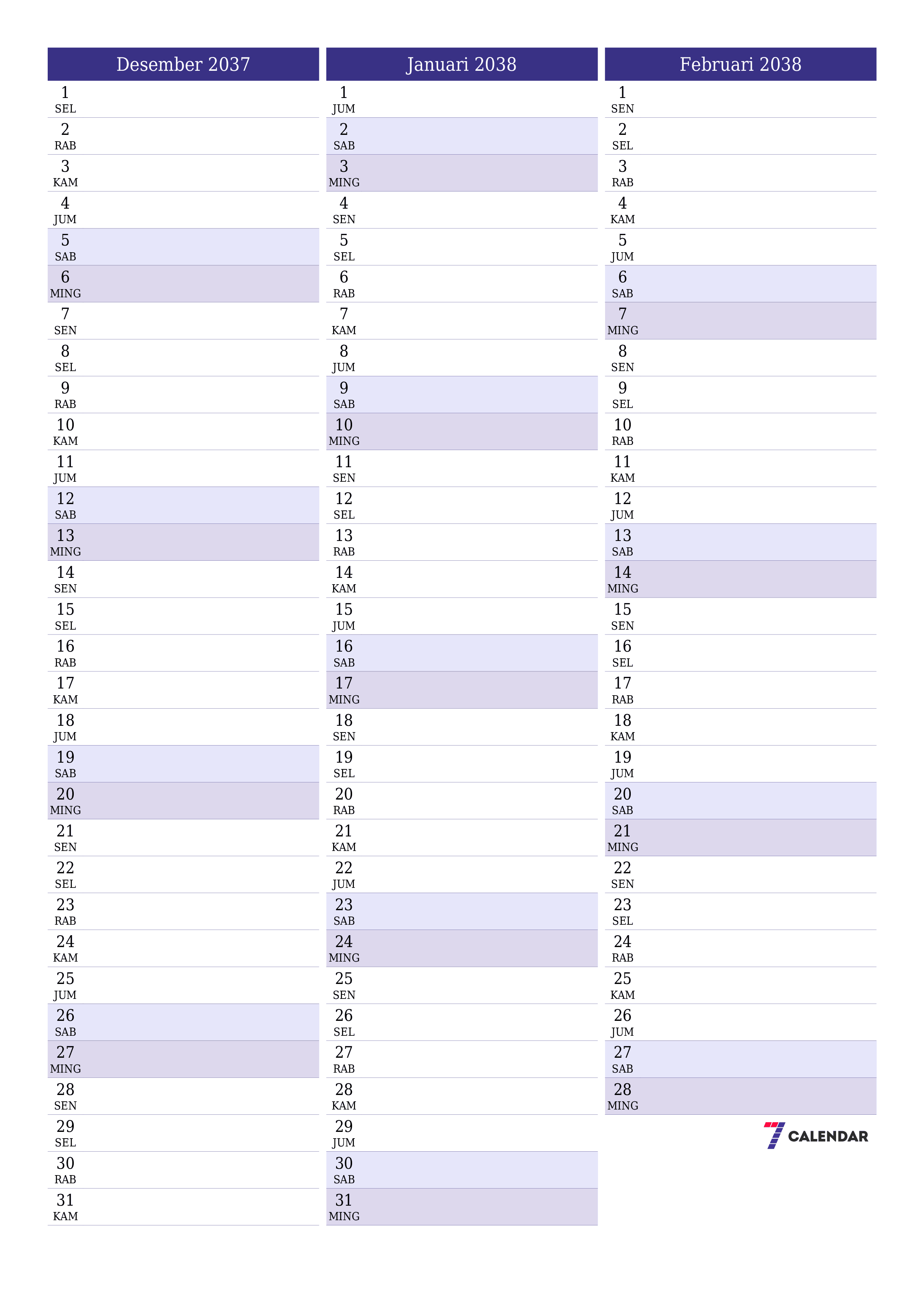  yang dapat dicetak dinding templat gratisvertikal Bulanan perencana kalender Desember (Des) 2037