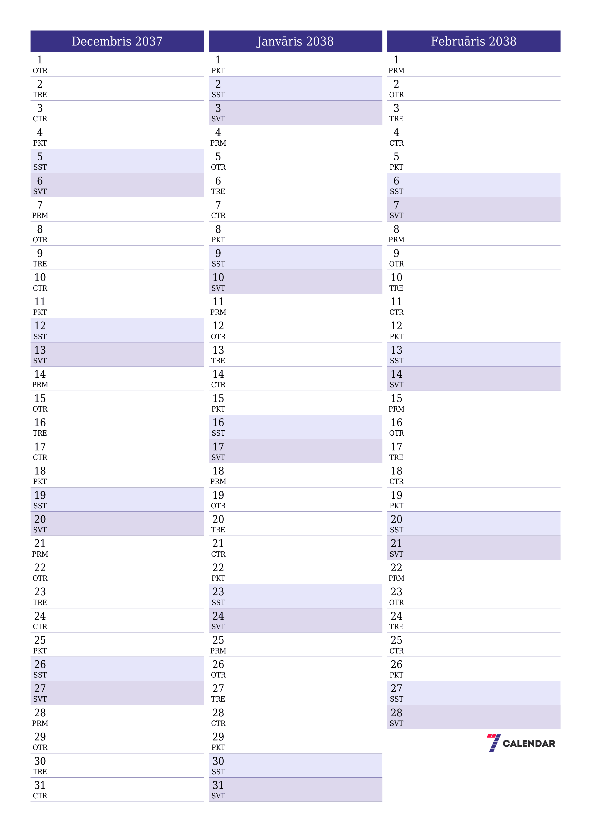 izdrukājams sienas kalendāra veidne bezmaksas vertikāli Mēneša plānotājs kalendārs Decembris (Dec) 2037