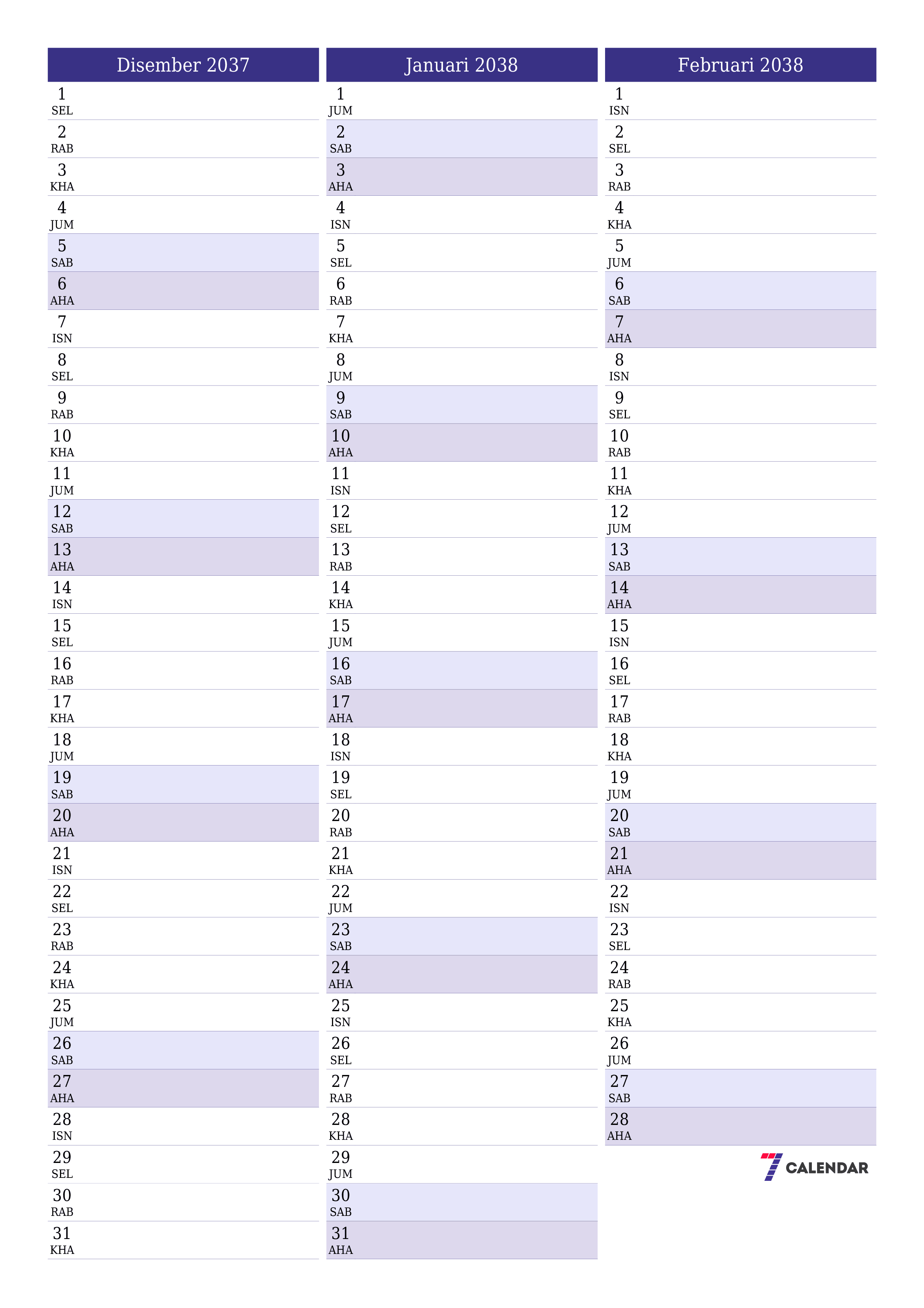  boleh cetak dinding templat percumamenegak Bulanan perancang kalendar Disember (Dis) 2037