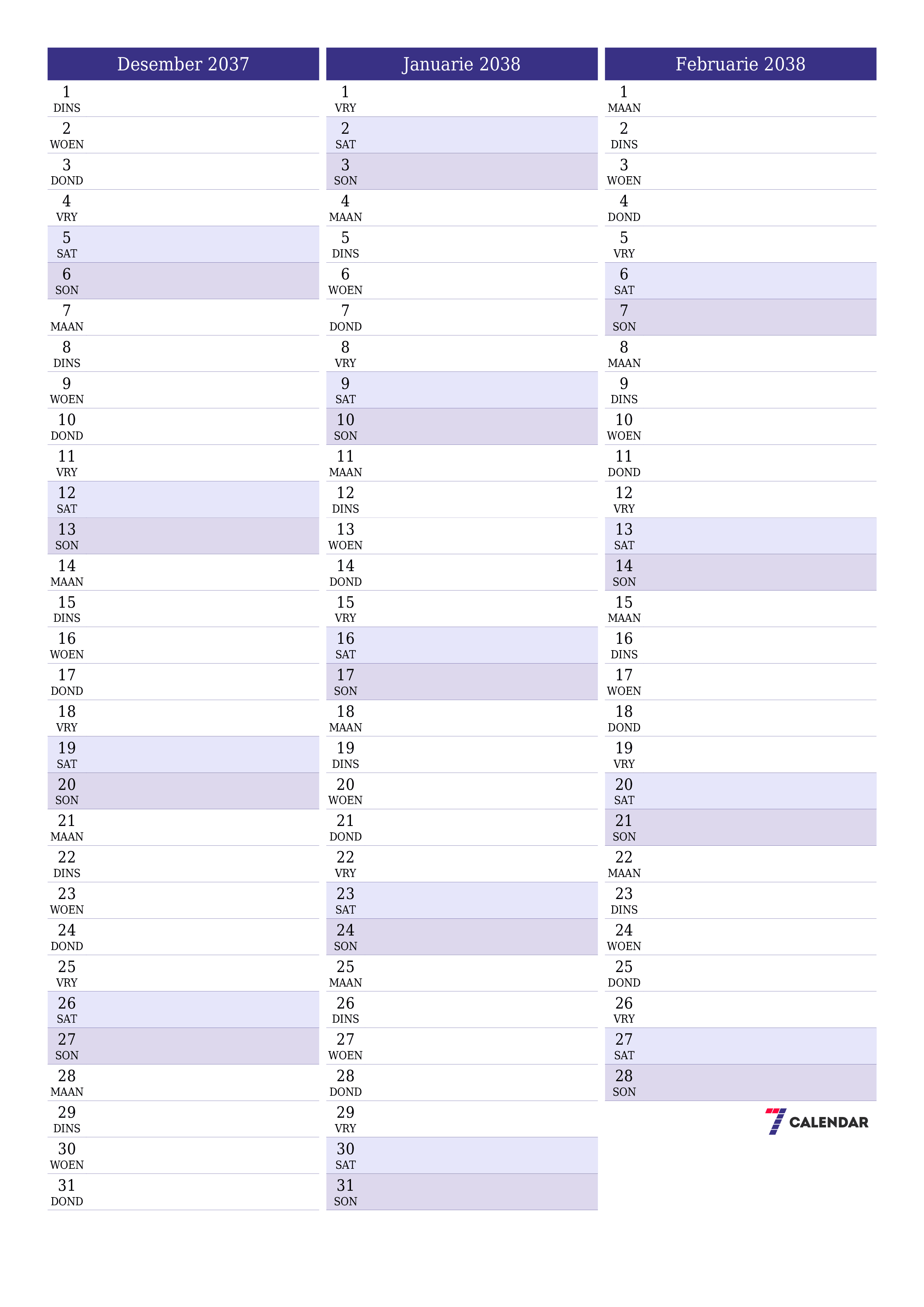 drukbare muur template gratis vertikaal Maandeliks beplanner kalender Desember (Des) 2037