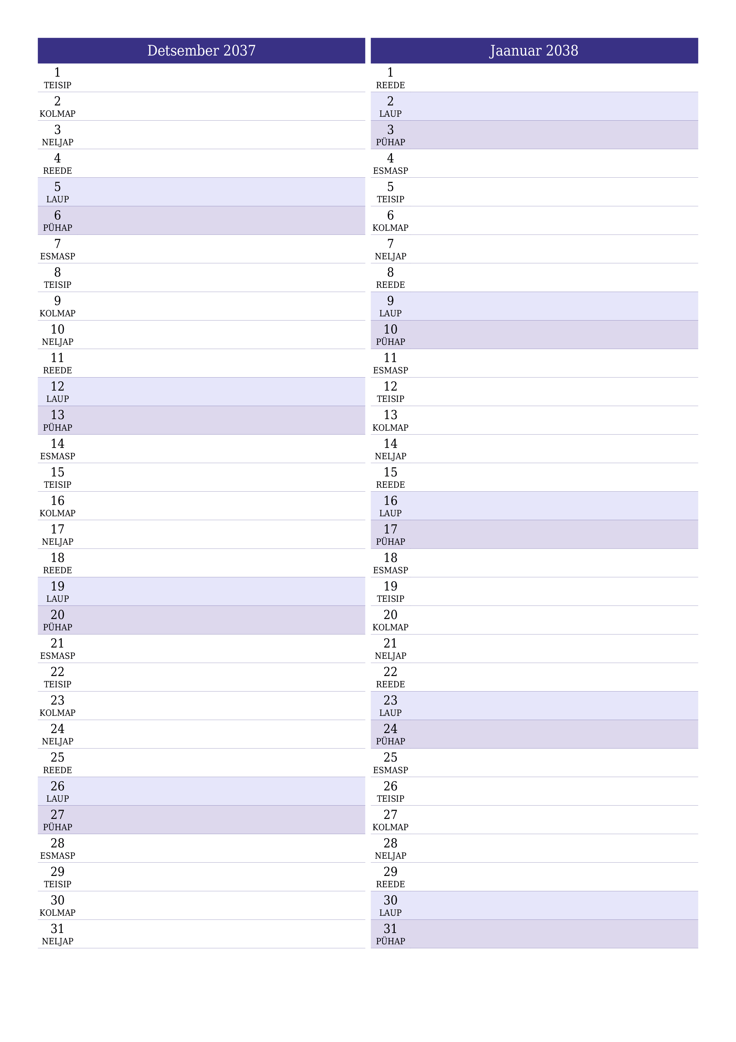 prinditav seina kalendri mall tasuta vertikaalne Igakuine planeerija kalender Detsember (Dets) 2037