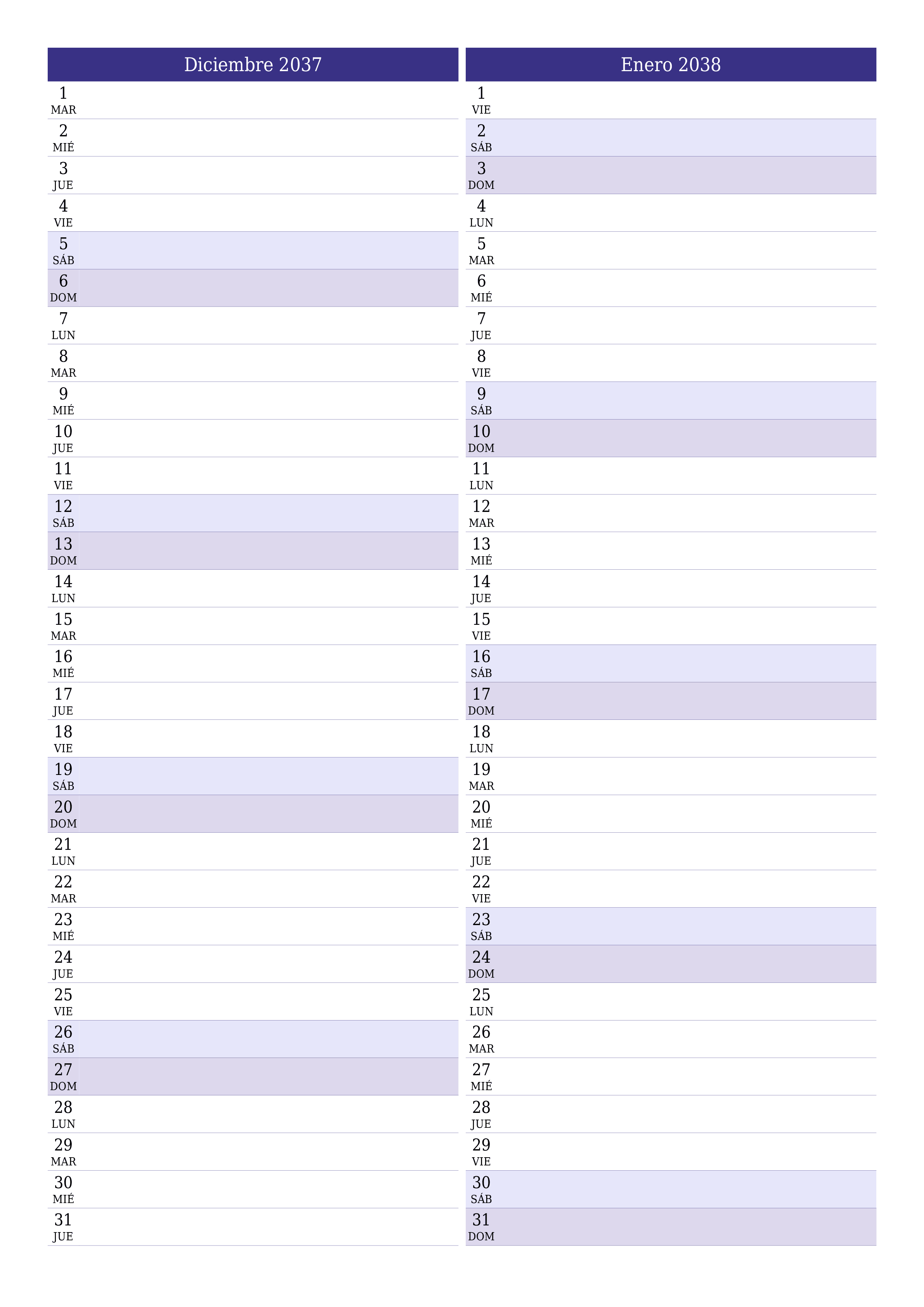  imprimible de pared plantilla de gratisvertical Mensual planificador calendario Diciembre (Dic) 2037