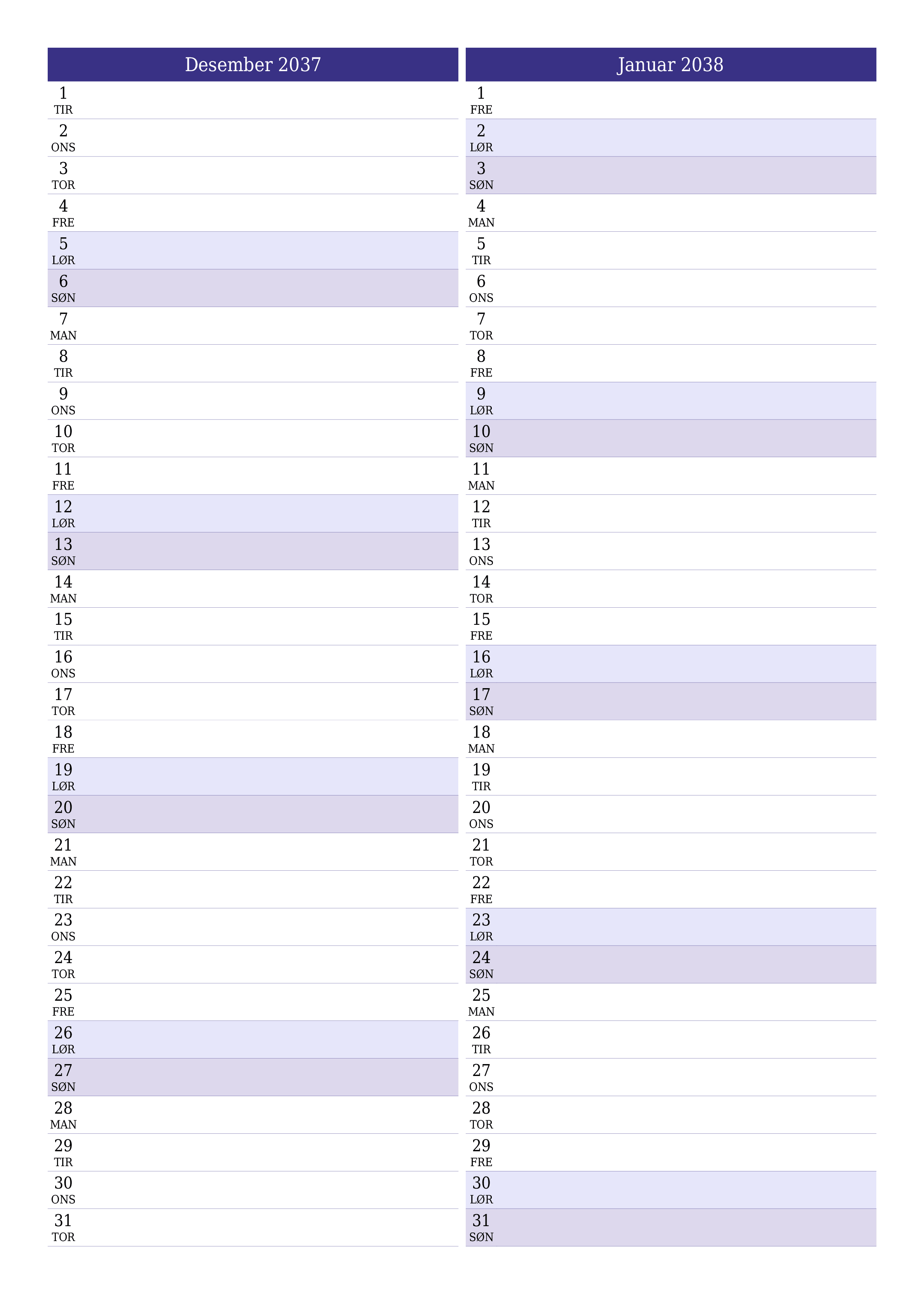 utskrivbar vegg mal gratis vertikal Månedlig planlegger kalender Desember (Des) 2037