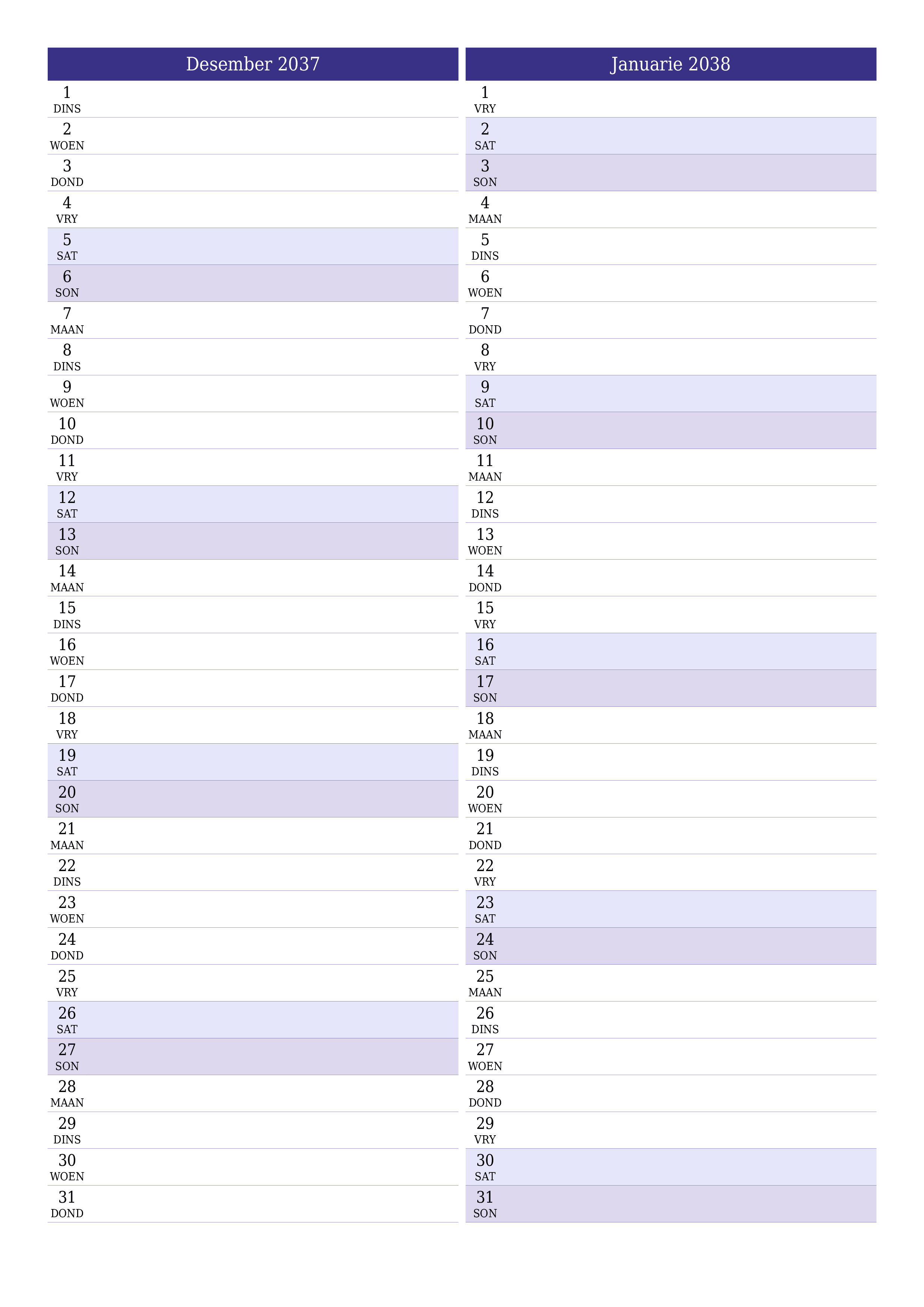 drukbare muur template gratis vertikaal Maandeliks beplanner kalender Desember (Des) 2037