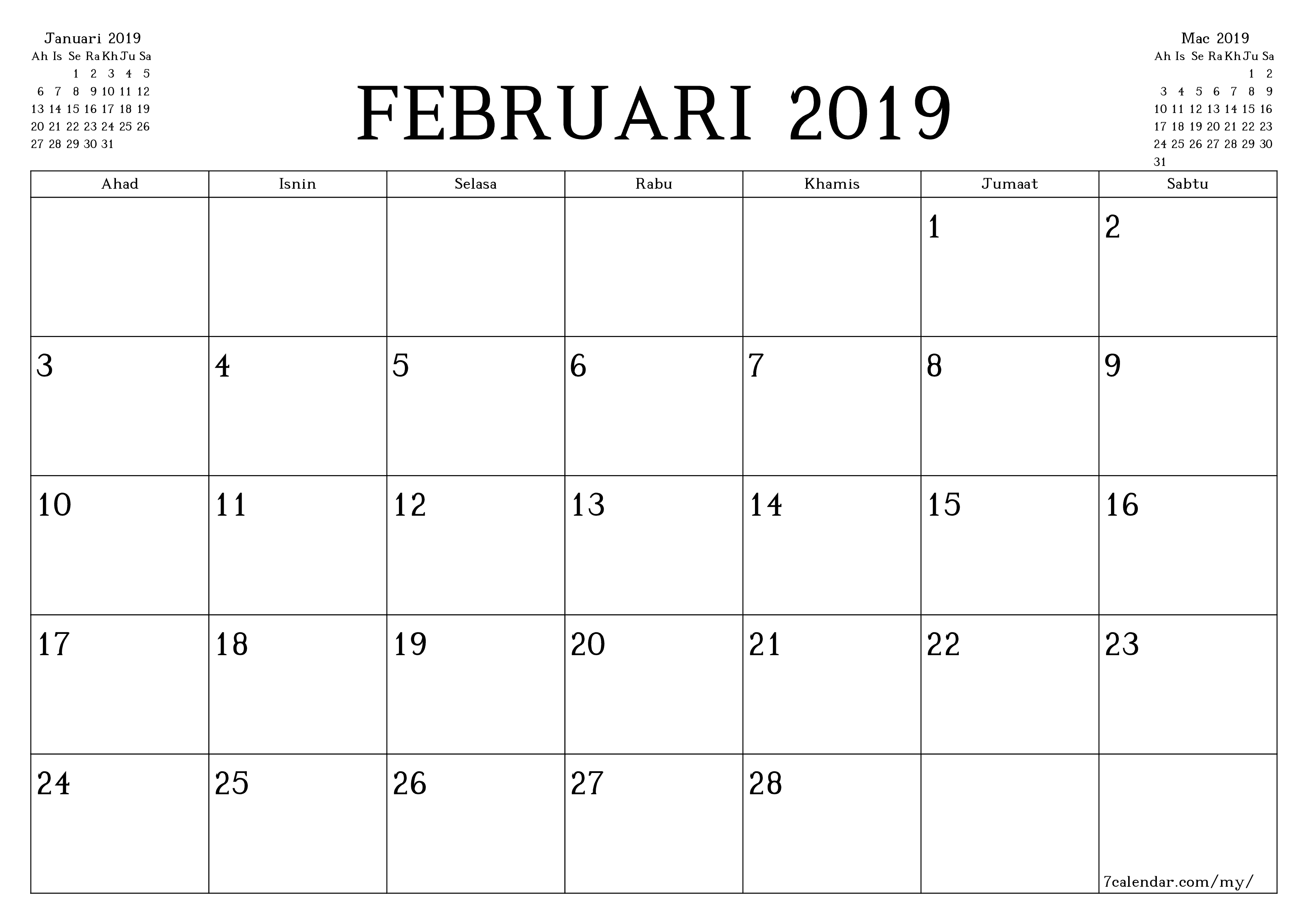 Perancang bulanan kosong untuk bulan Februari 2019 dengan nota, simpan dan cetak ke PDF PNG Malay