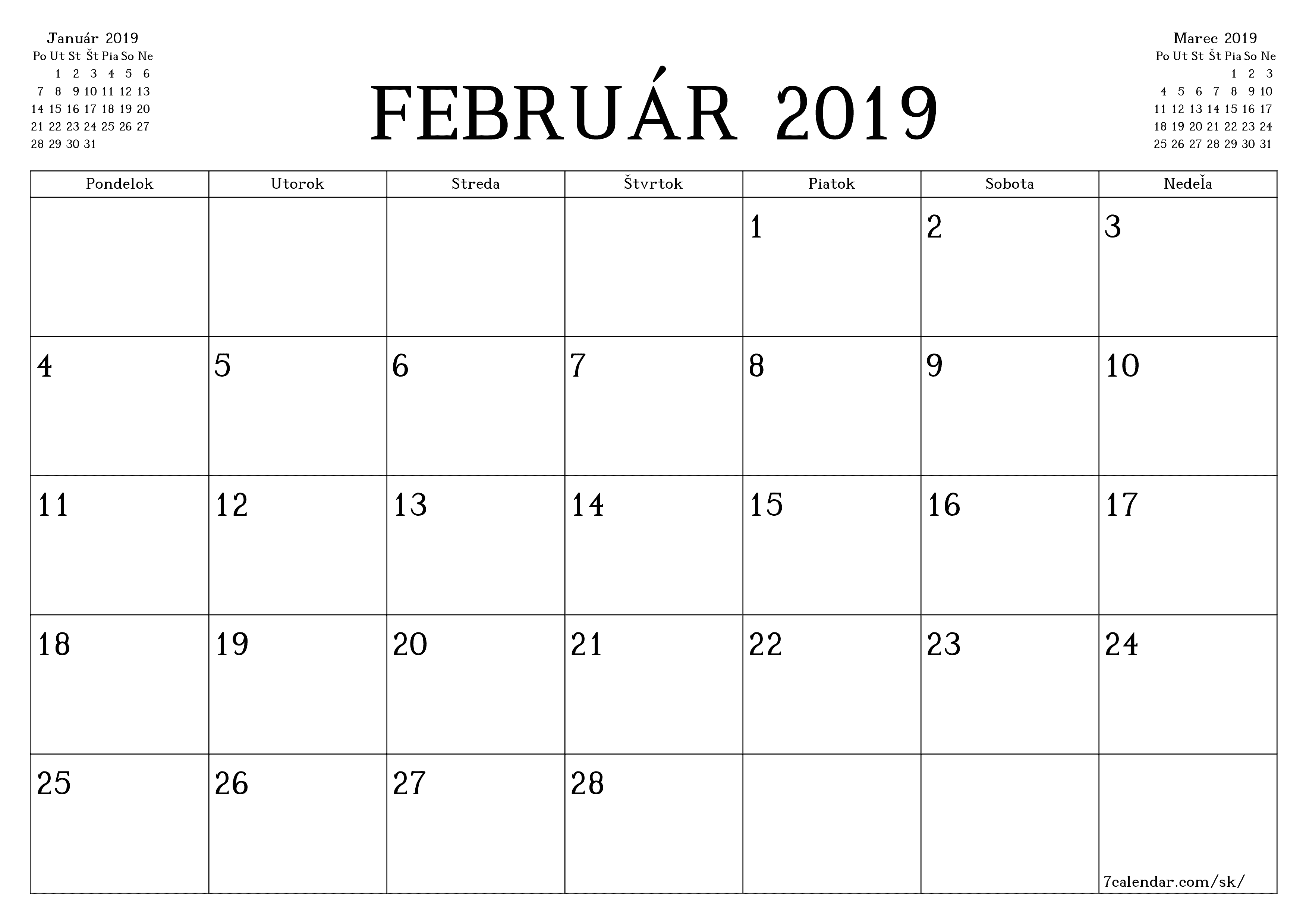 vytlačiteľný nástenný šablóna a bezplatný горизонтальный Mesačne plánovač kalendár Február (Feb) 2019