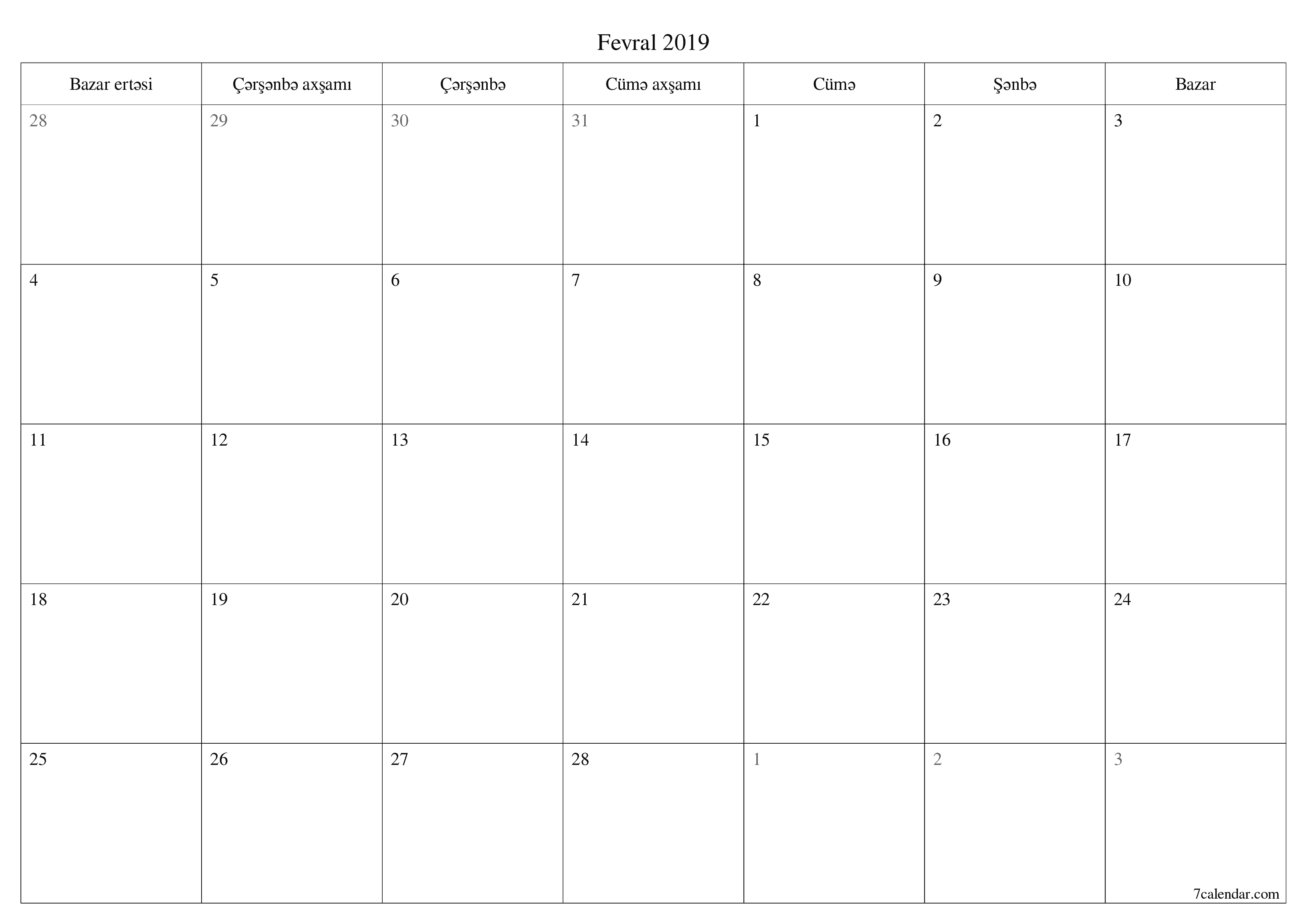 Fevral 2019 ayı üçün qeydlər ilə boş aylıq planlayıcı, qeyd edin və PDF-ə yazdırın PNG Azerbaijani