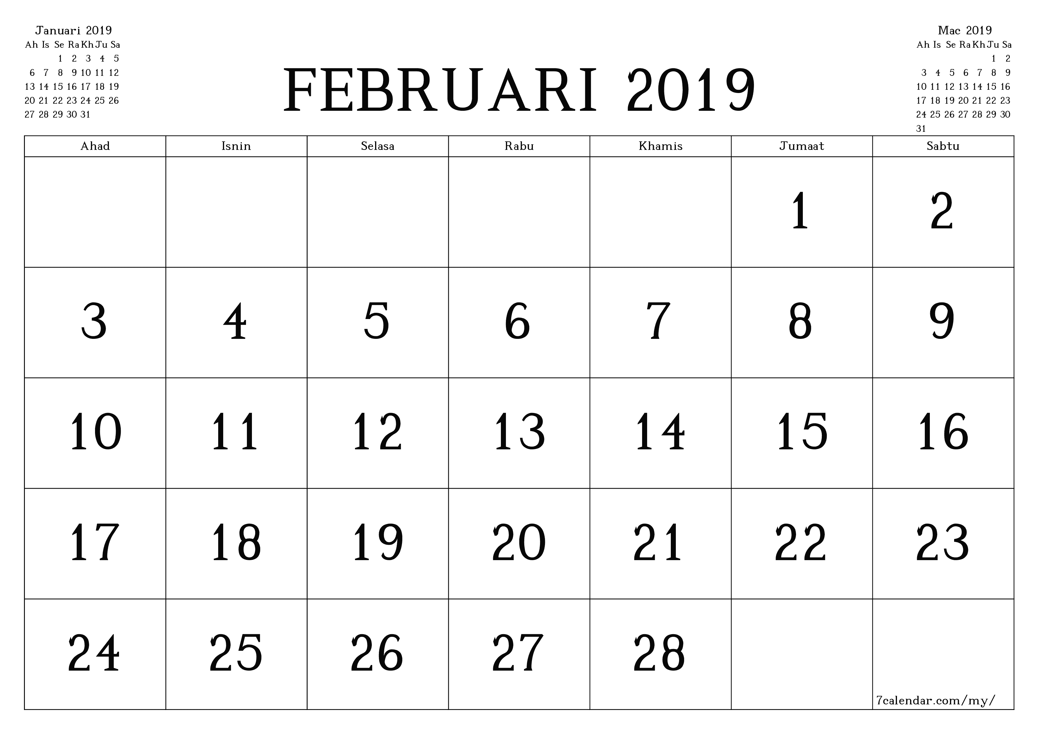 Perancang bulanan kosong untuk bulan Februari 2019 dengan nota, simpan dan cetak ke PDF PNG Malay