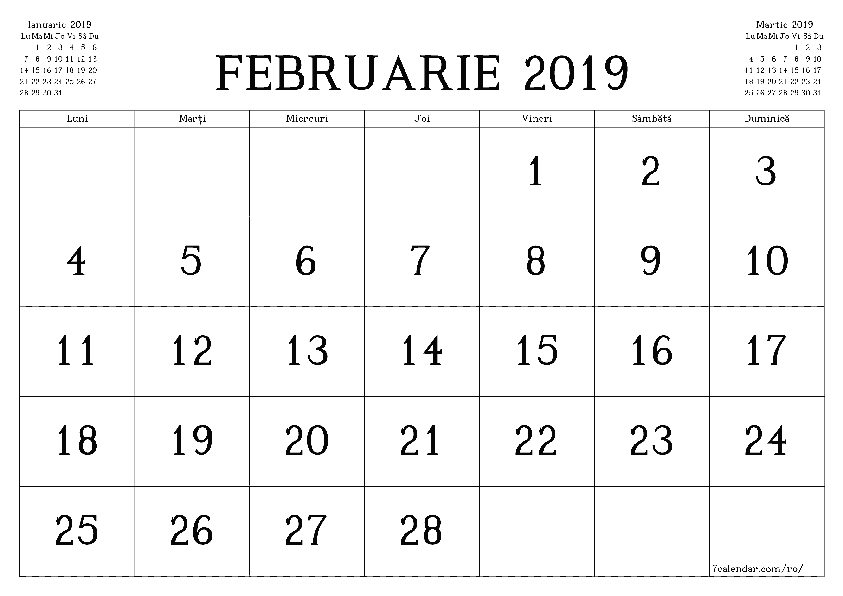 Planificator lunar gol pentru luna Februarie 2019 cu note, salvați și tipăriți în PDF PNG Romanian