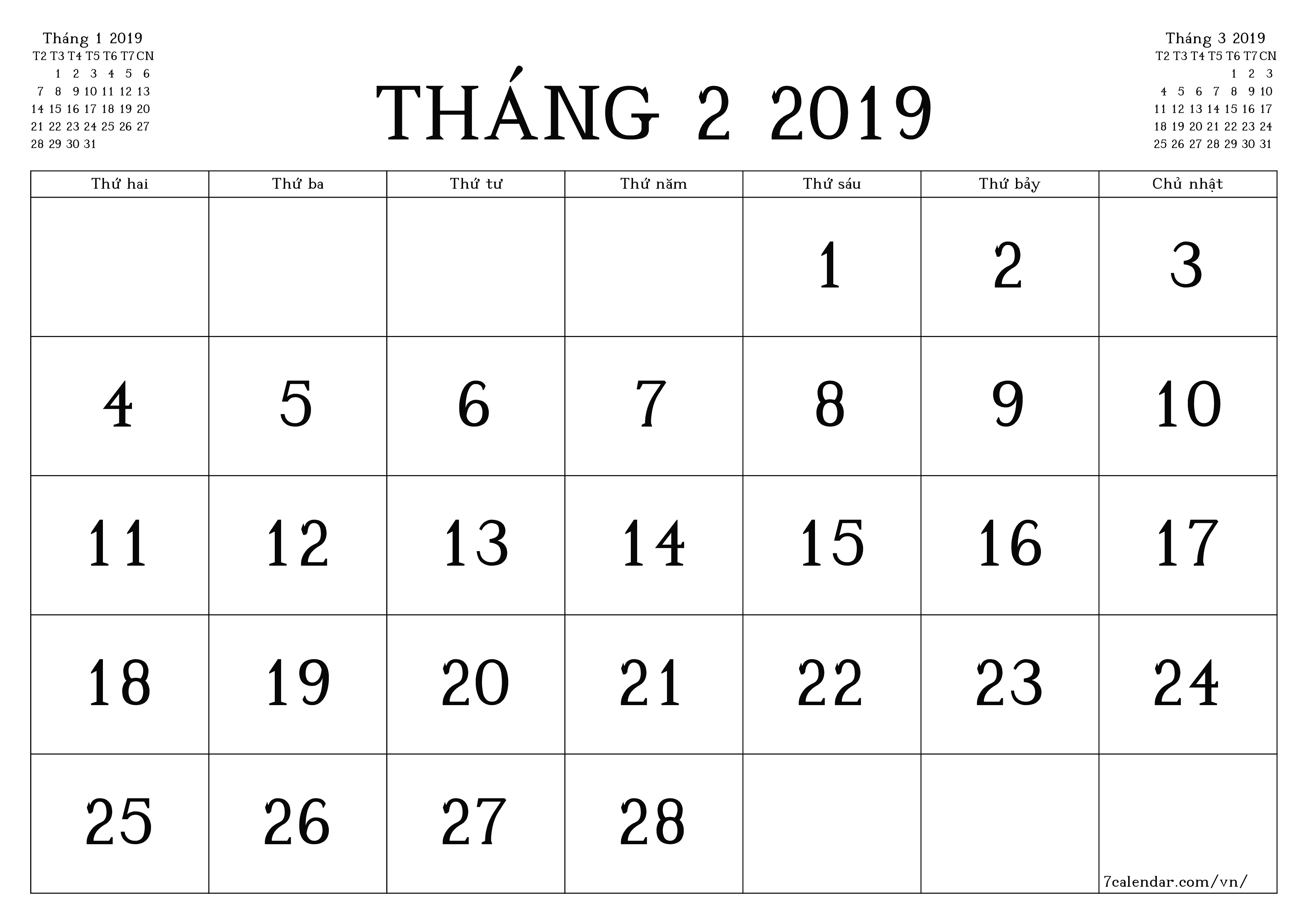 Công cụ lập kế hoạch hàng tháng trống cho tháng Tháng 2 2019 có ghi chú, lưu và in sang PDF PNG Vietnamese