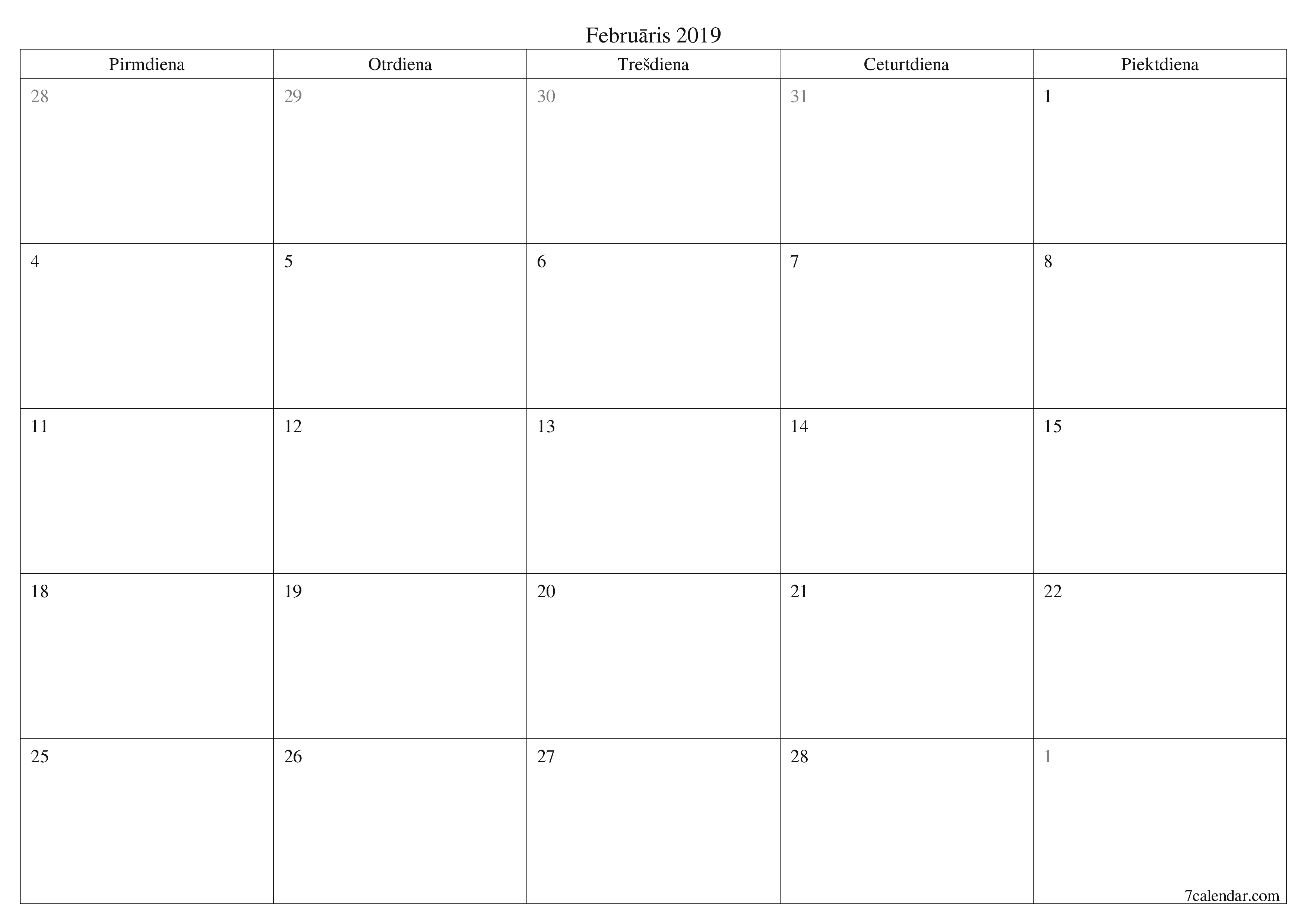 Iztukšot mēneša plānotāju mēnesim Februāris 2019 ar piezīmēm, saglabāt un izdrukāt PDF formātā PNG Latvian