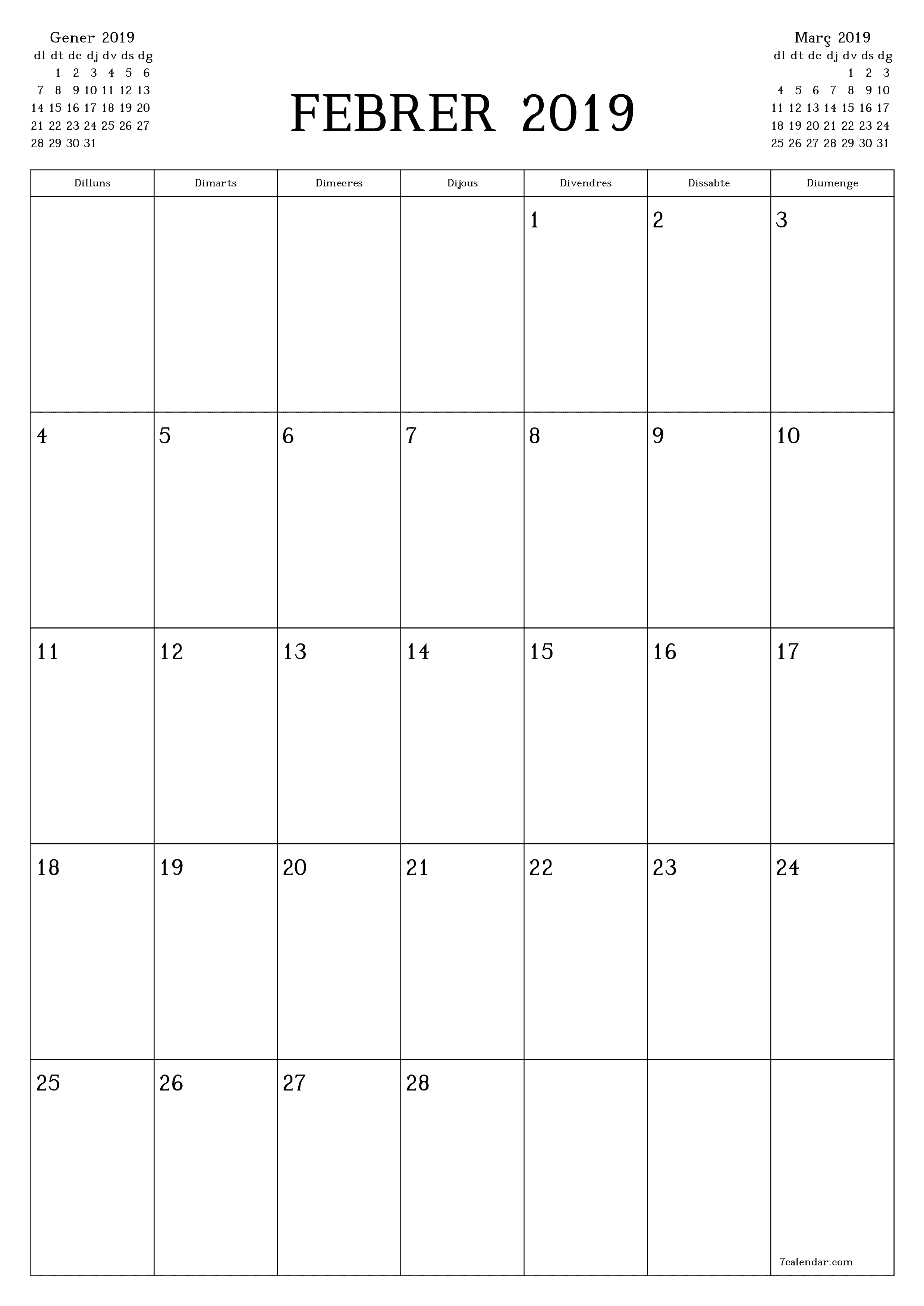  imprimible de paret plantilla de gratuïtvertical Mensual planificador calendari Febrer (Feb) 2019
