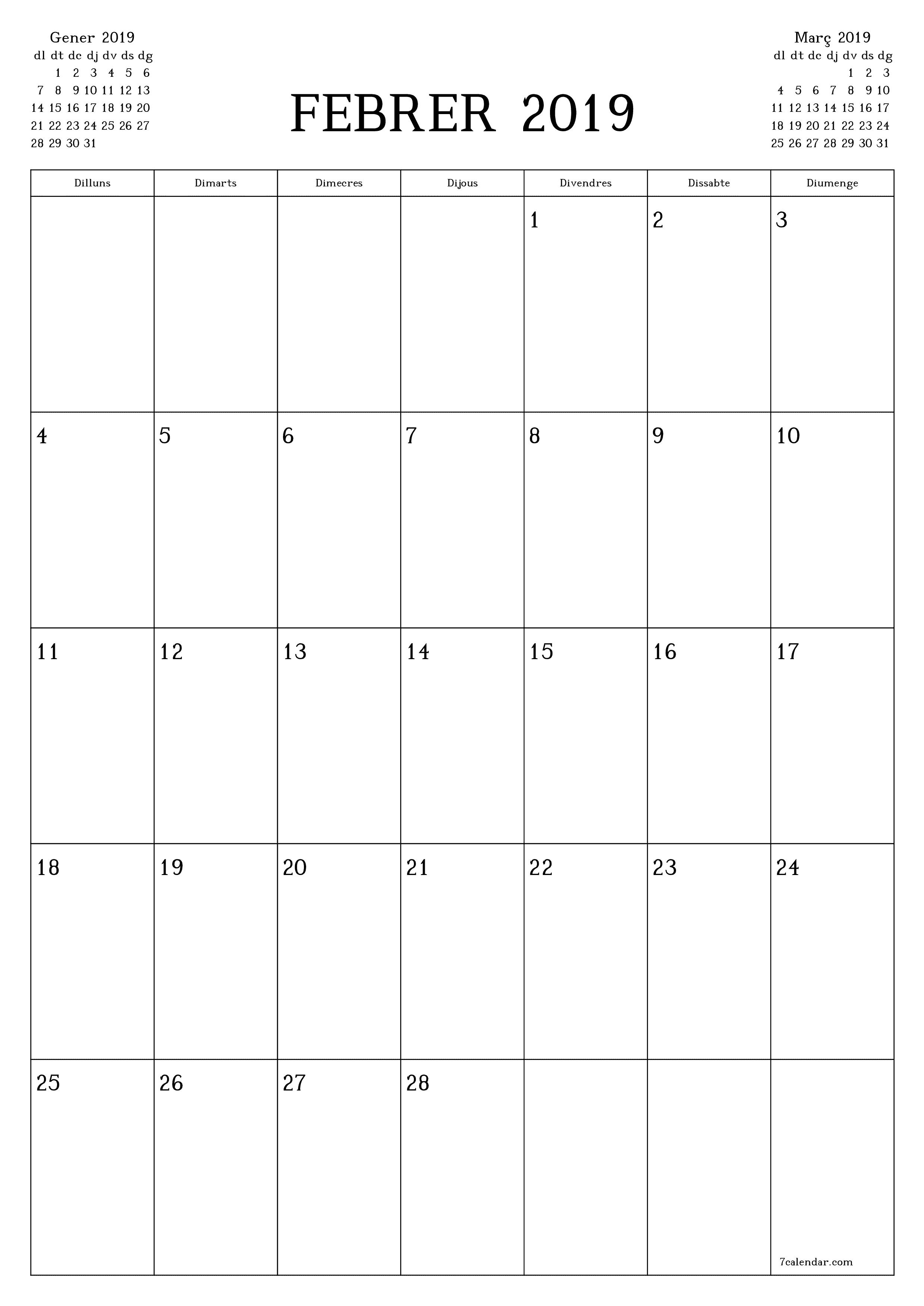 Planificador mensual buit del mes Febrer 2019 amb notes, deseu-lo i imprimiu-lo en format PDF PNG Catalan