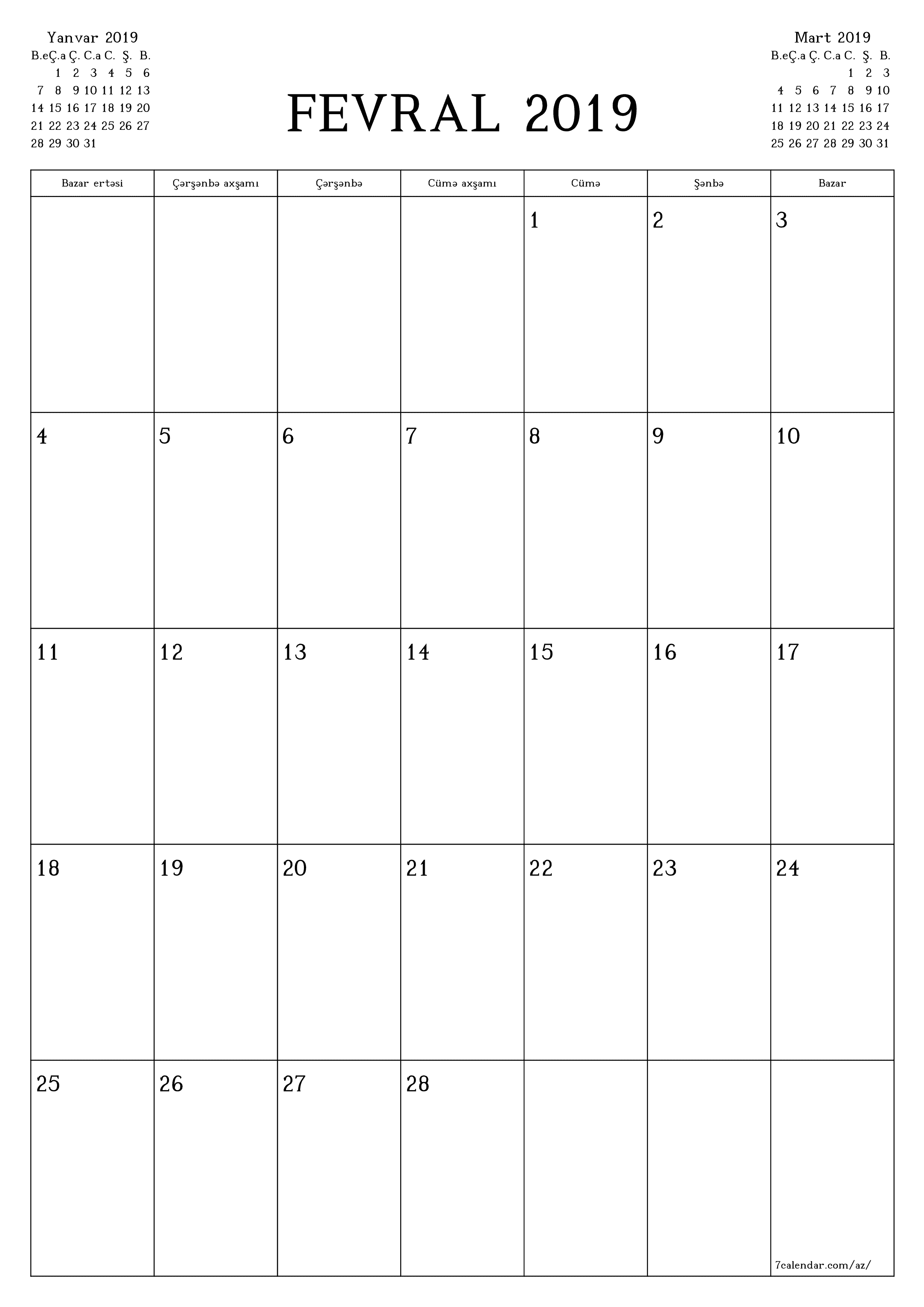 çap edilə bilən divar i şablonu pulsuz şaquli Aylıq planlaşdırıcı təqvim Fevral (Fev) 2019