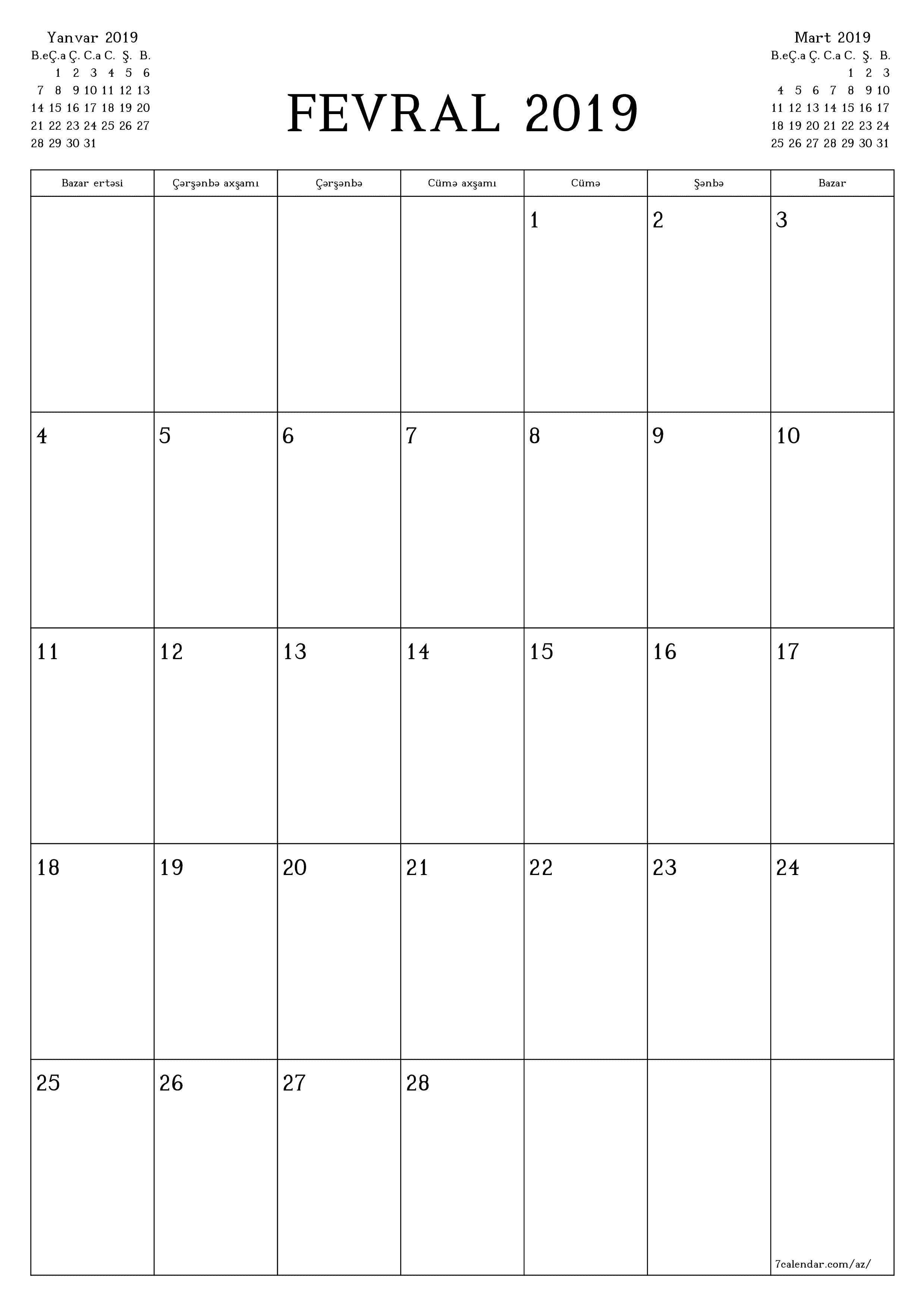 Fevral 2019 ayı üçün qeydlər ilə boş aylıq planlayıcı, qeyd edin və PDF-ə yazdırın PNG Azerbaijani