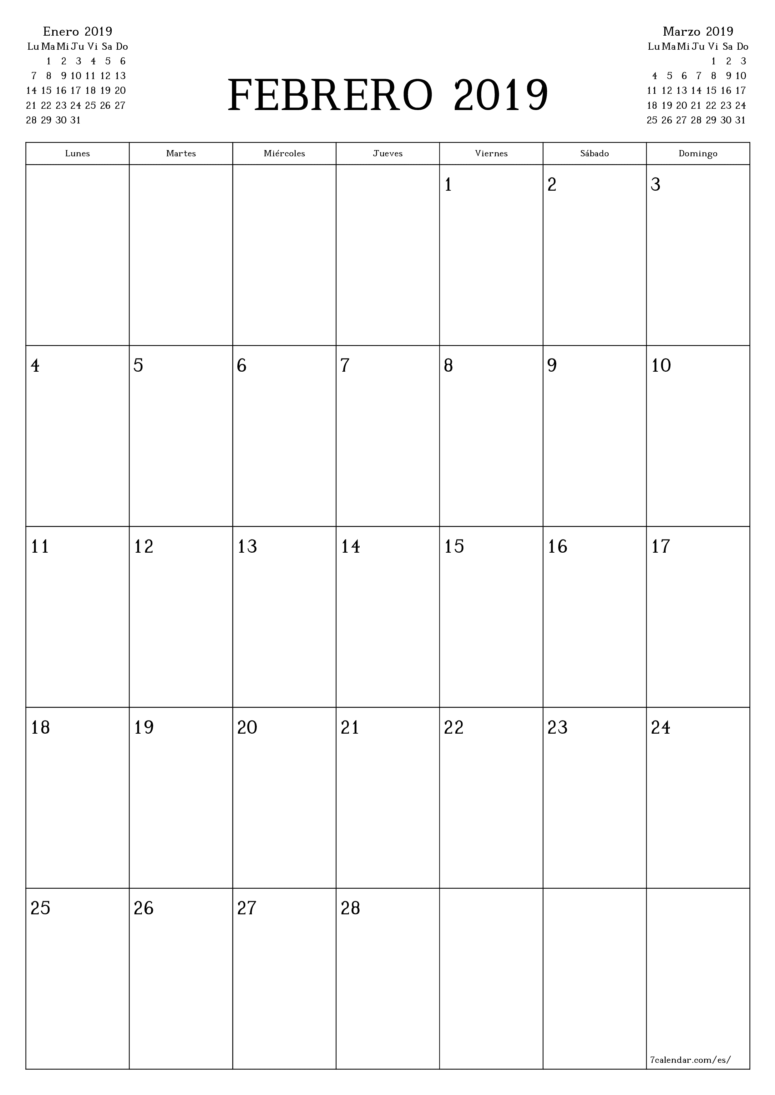 Planificador mensual vacío para el mes Febrero 2019 con notas, guardar e imprimir en PDF PNG Spanish