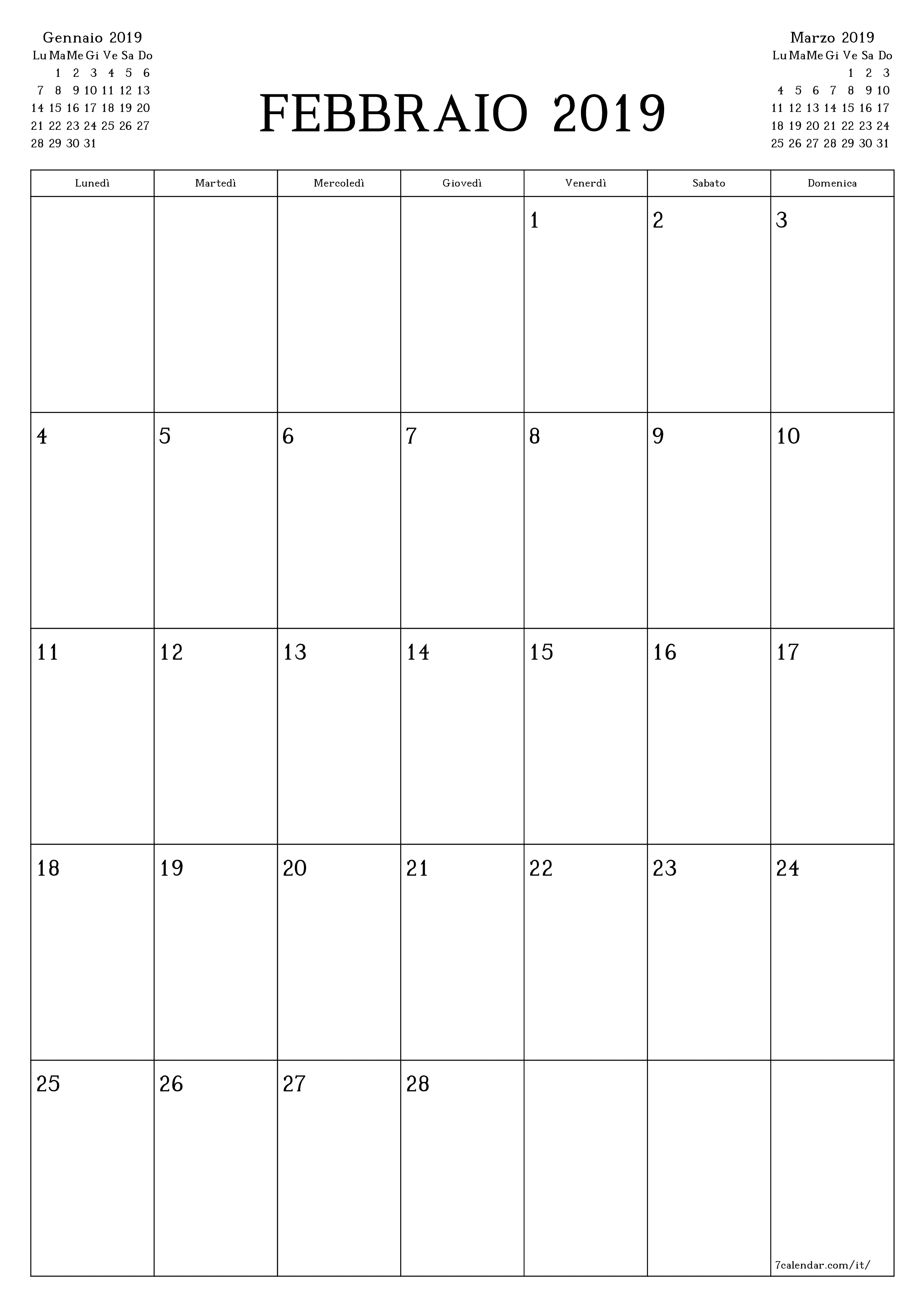 Pianificatore mensile vuoto per il mese Febbraio 2019 con note, salva e stampa in PDF PNG Italian