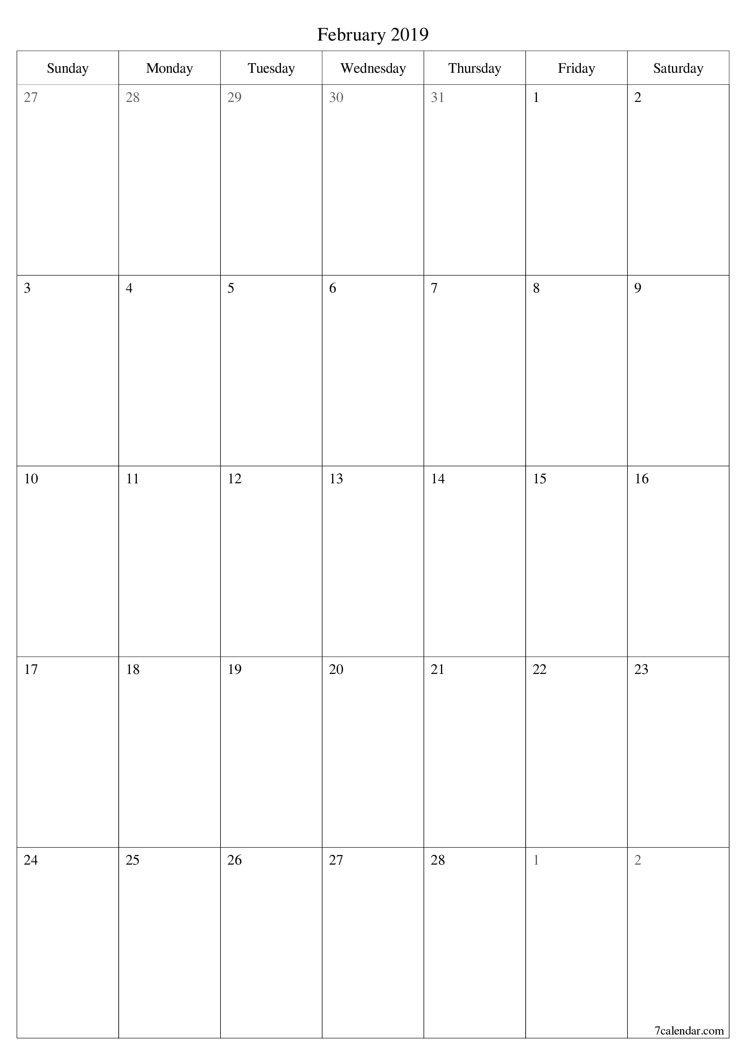 printable wall template free vertical Monthly planner calendar February (Feb) 2019