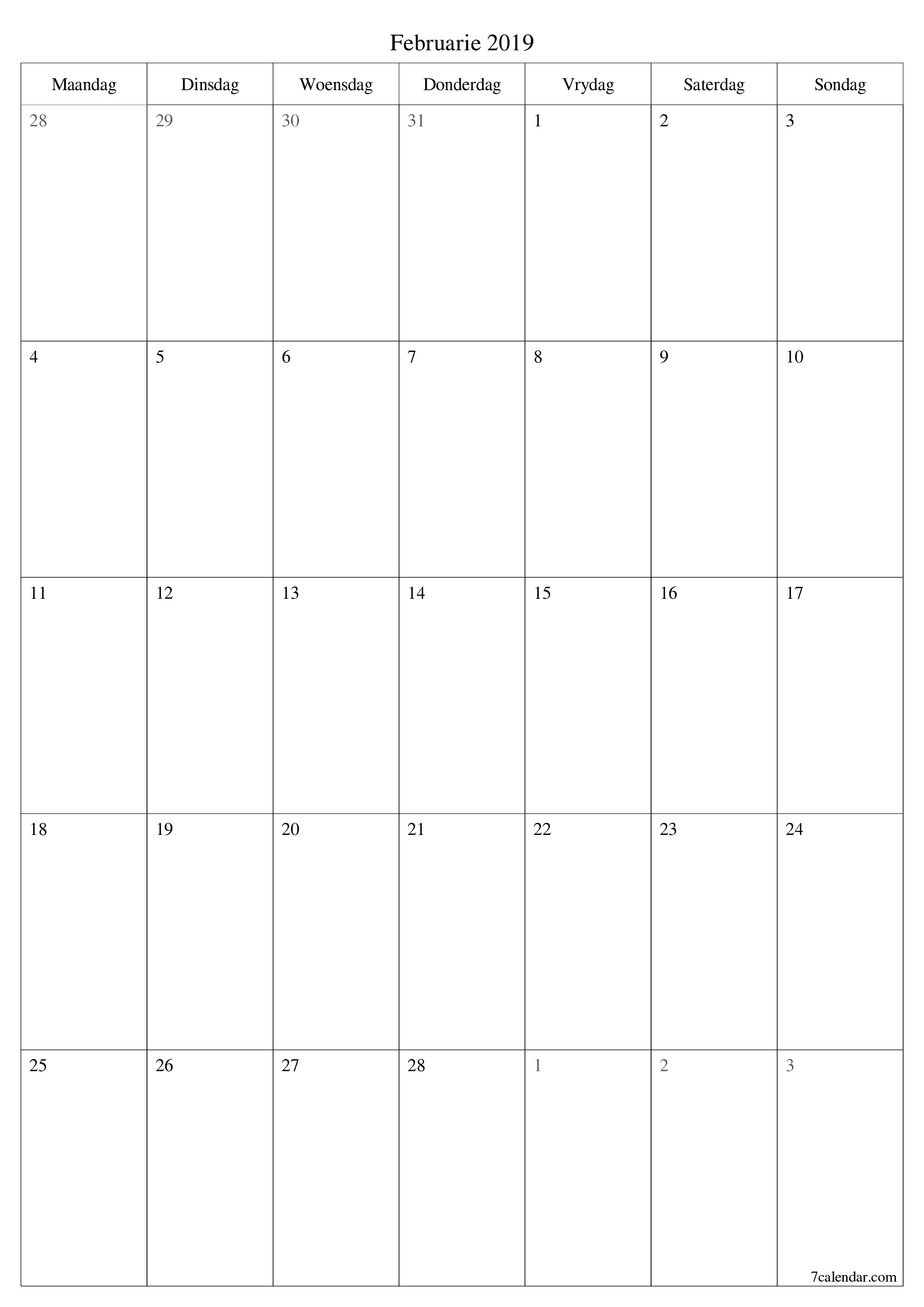 Leë maandelikse drukbare kalender en beplanner vir maand Februarie 2019 met notas stoor en druk na PDF PNG Afrikaans