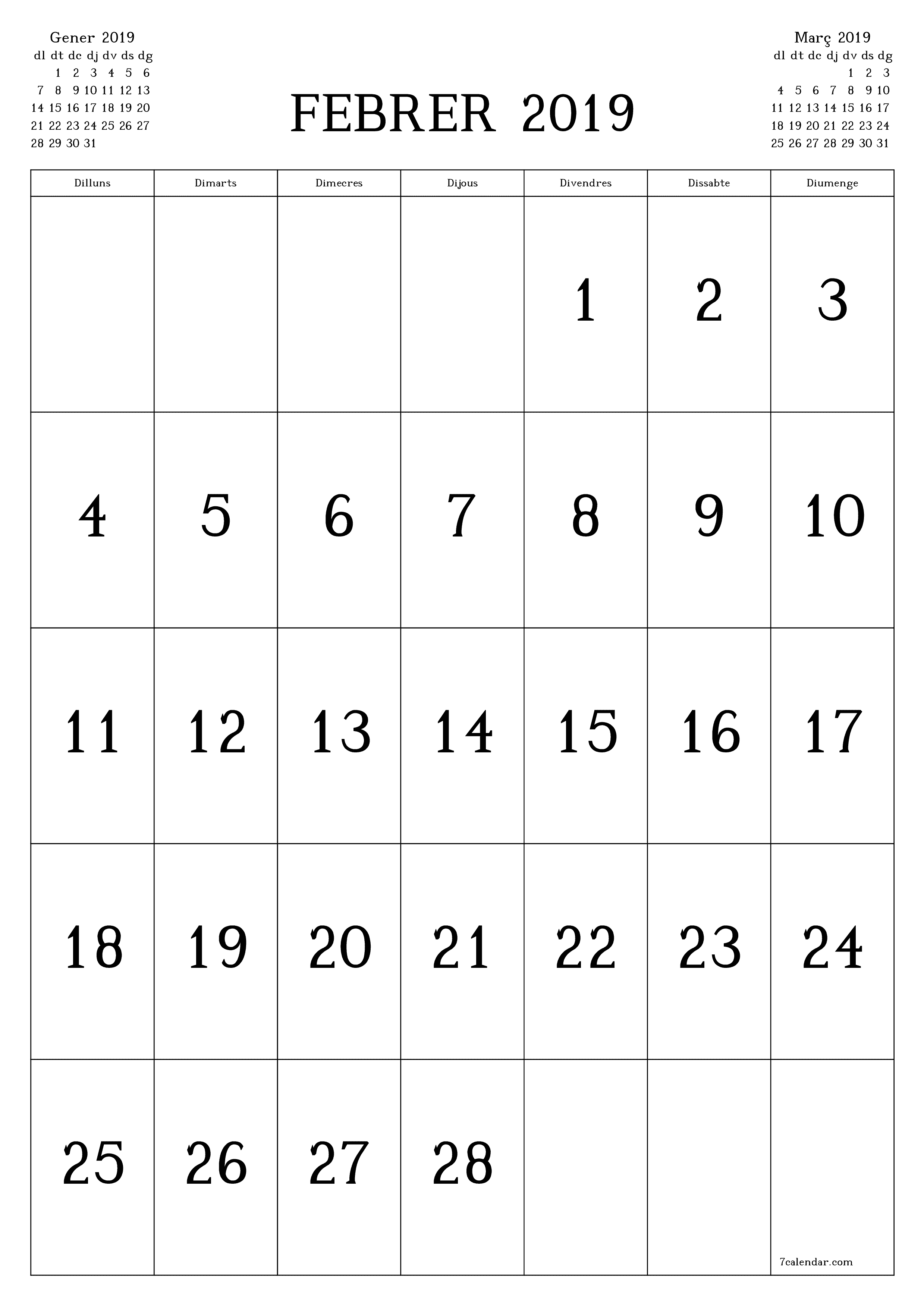  imprimible de paret plantilla de gratuïtvertical Mensual calendari Febrer (Feb) 2019