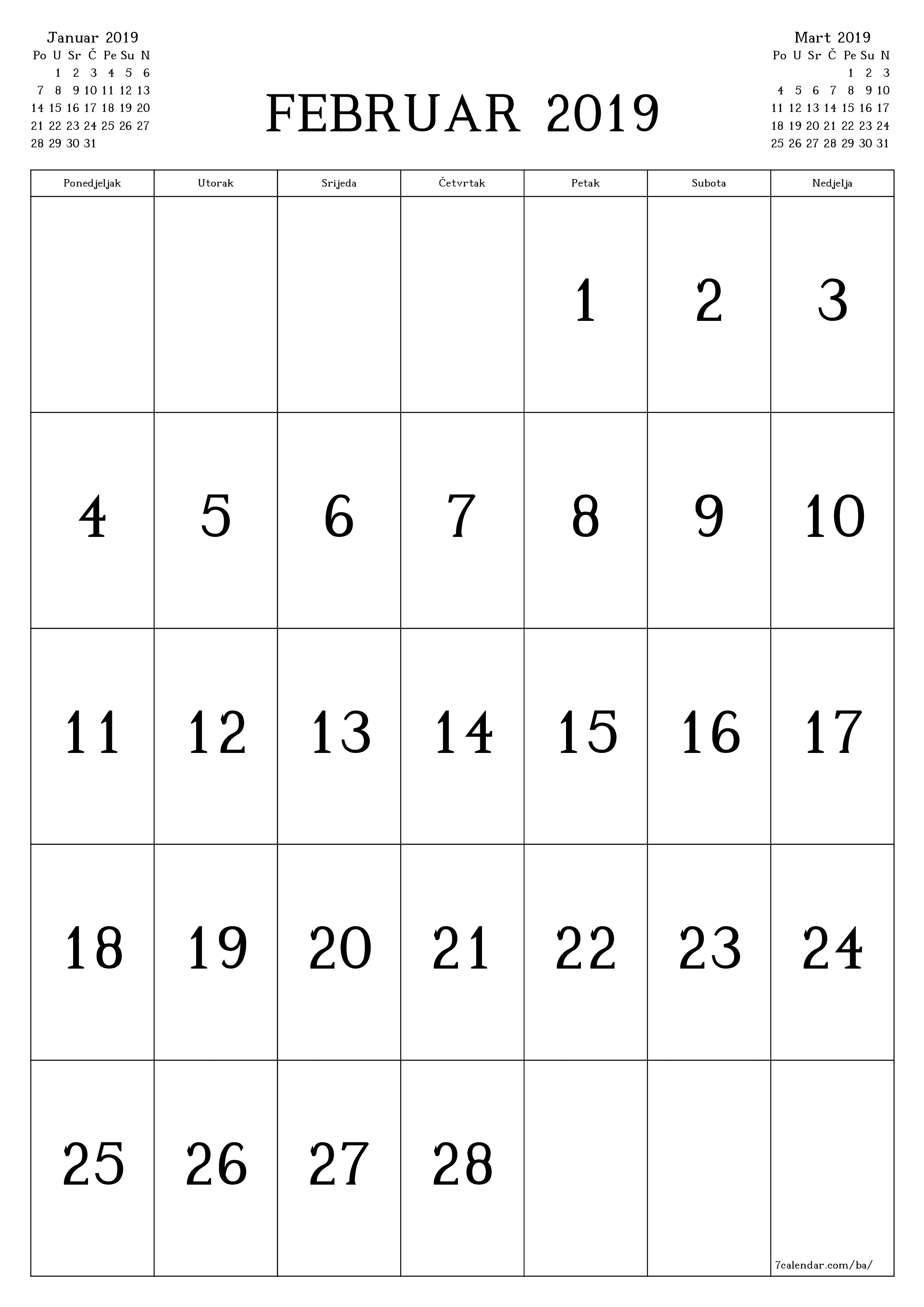  za štampanje zidni šablon a besplatni vertikalno Mjesečno kalendar Februar (Feb) 2019