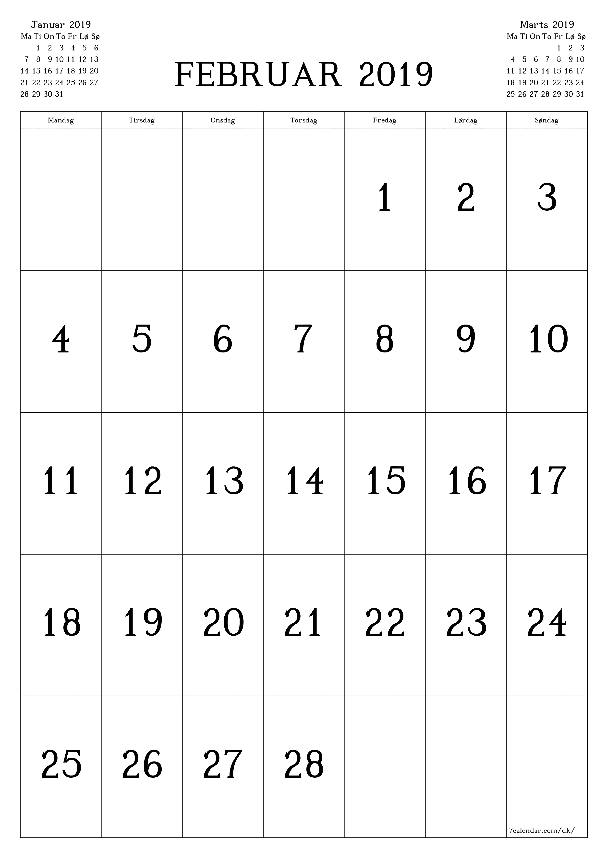 udskrivbar væg skabelon gratis lodret Månedlig kalender Februar (Feb) 2019