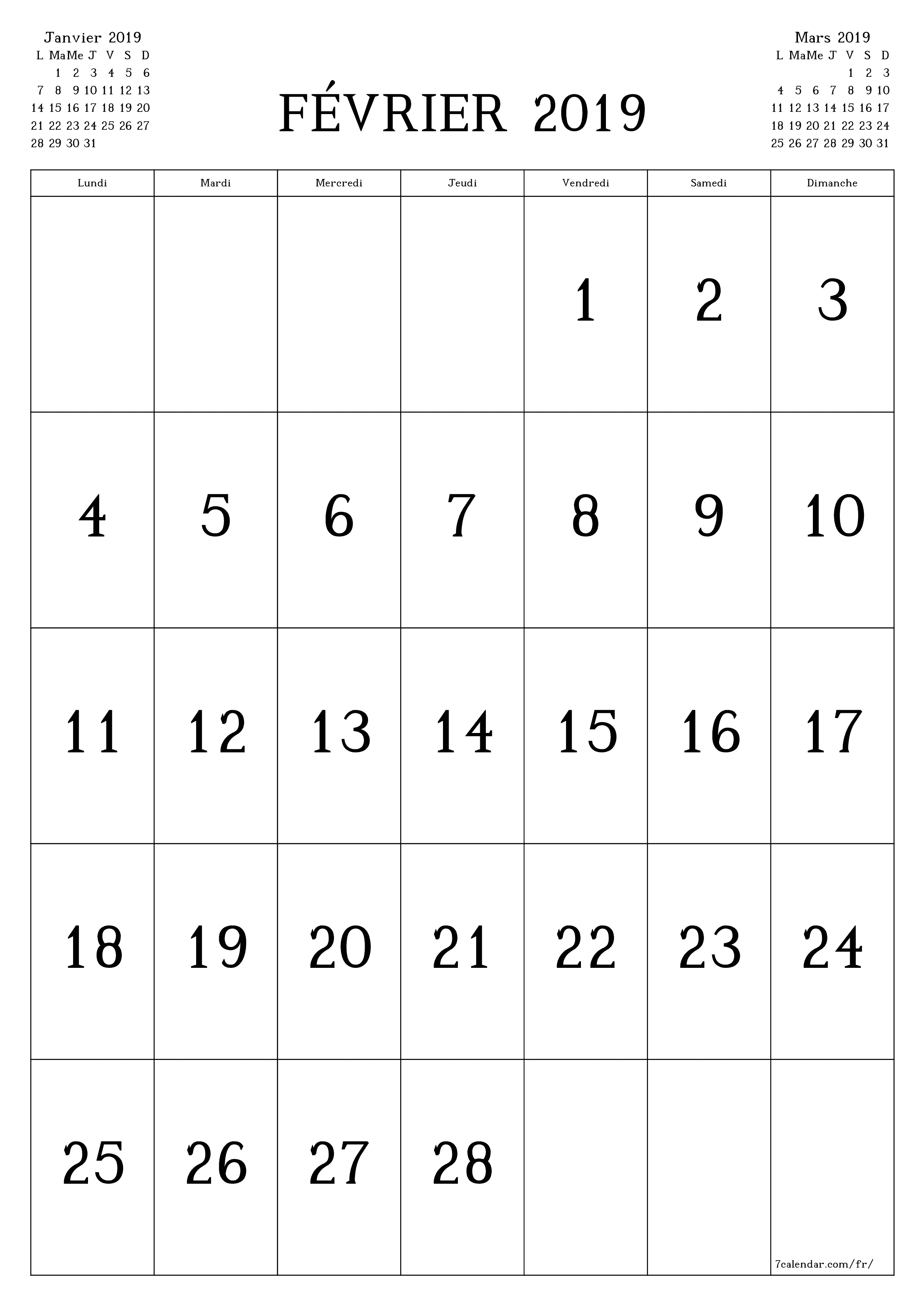  imprimable mural modèle de gratuitverticale Mensuel calendrier Février (Fév) 2019