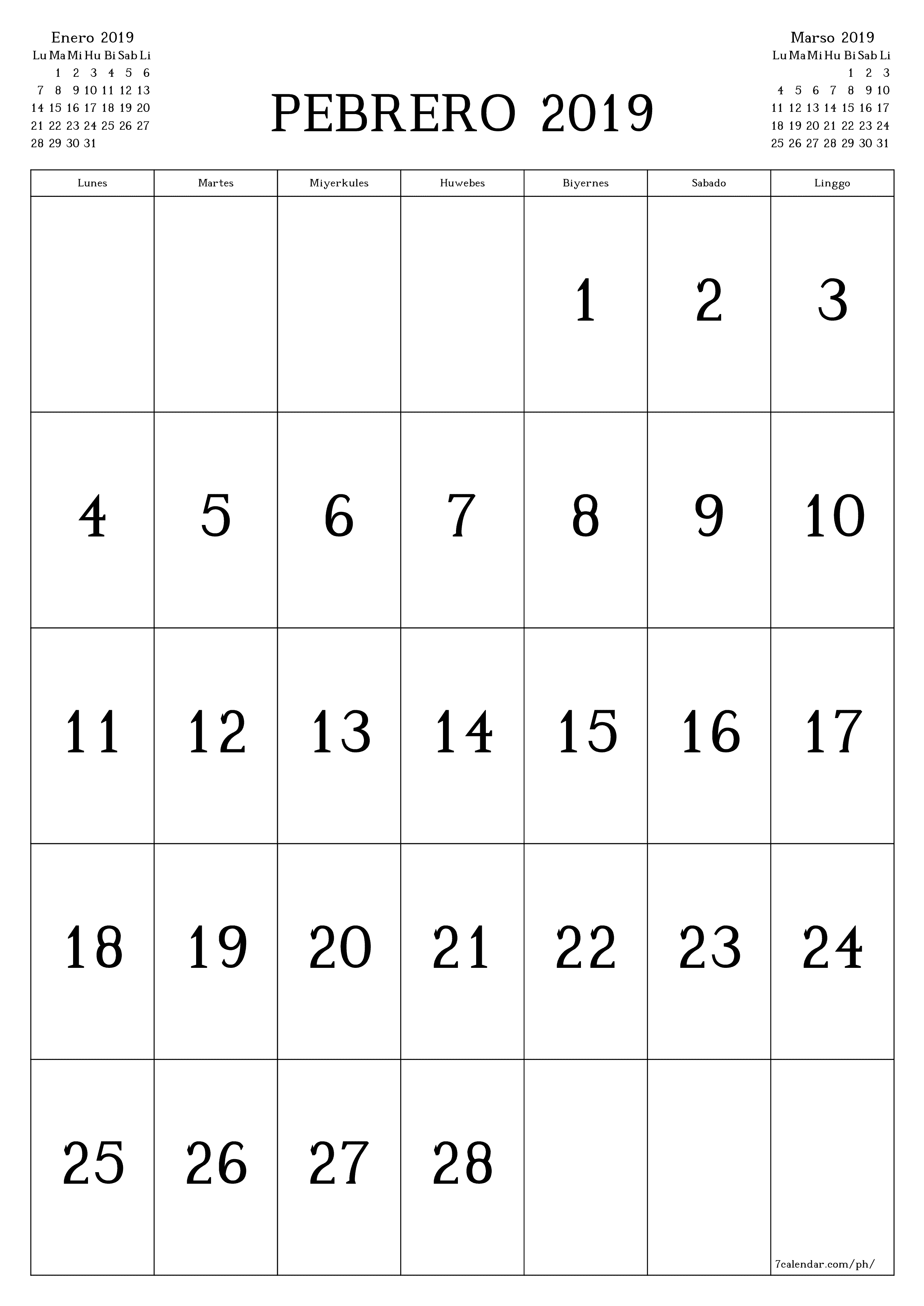 napi-print na sa dingding template ng libreng patayo Buwanang kalendaryo Pebrero (Peb) 2019
