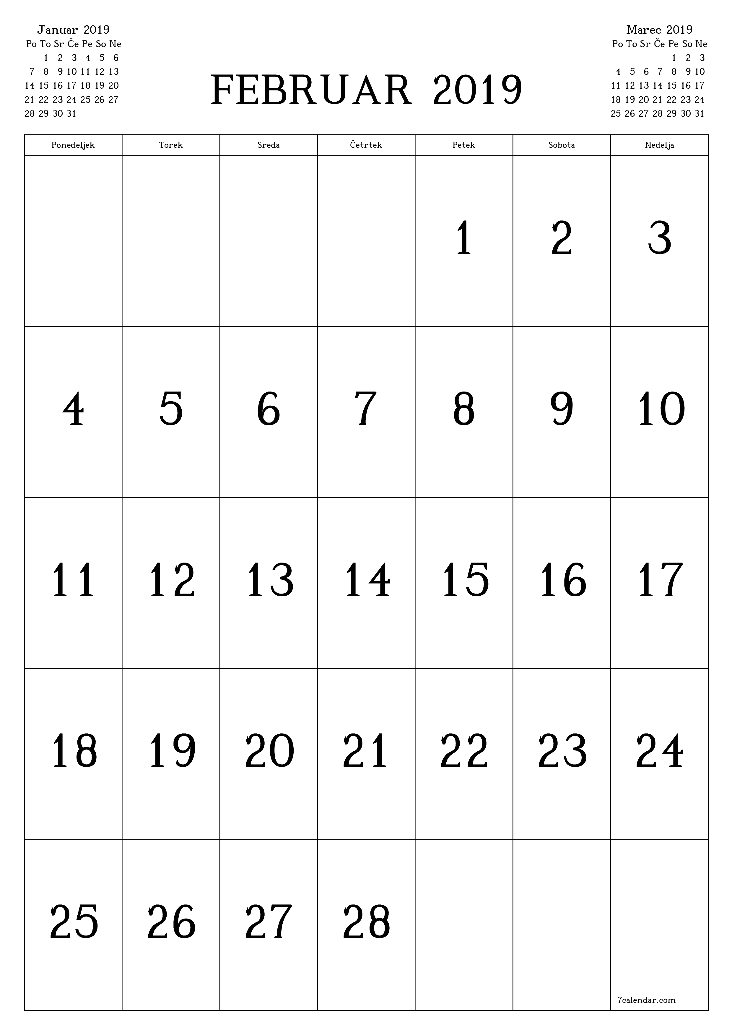 Prazen mesečni načrtovalec koledarja za mesec Februar 2019 z opombami, natisnjenimi v PDF PNG Slovenian