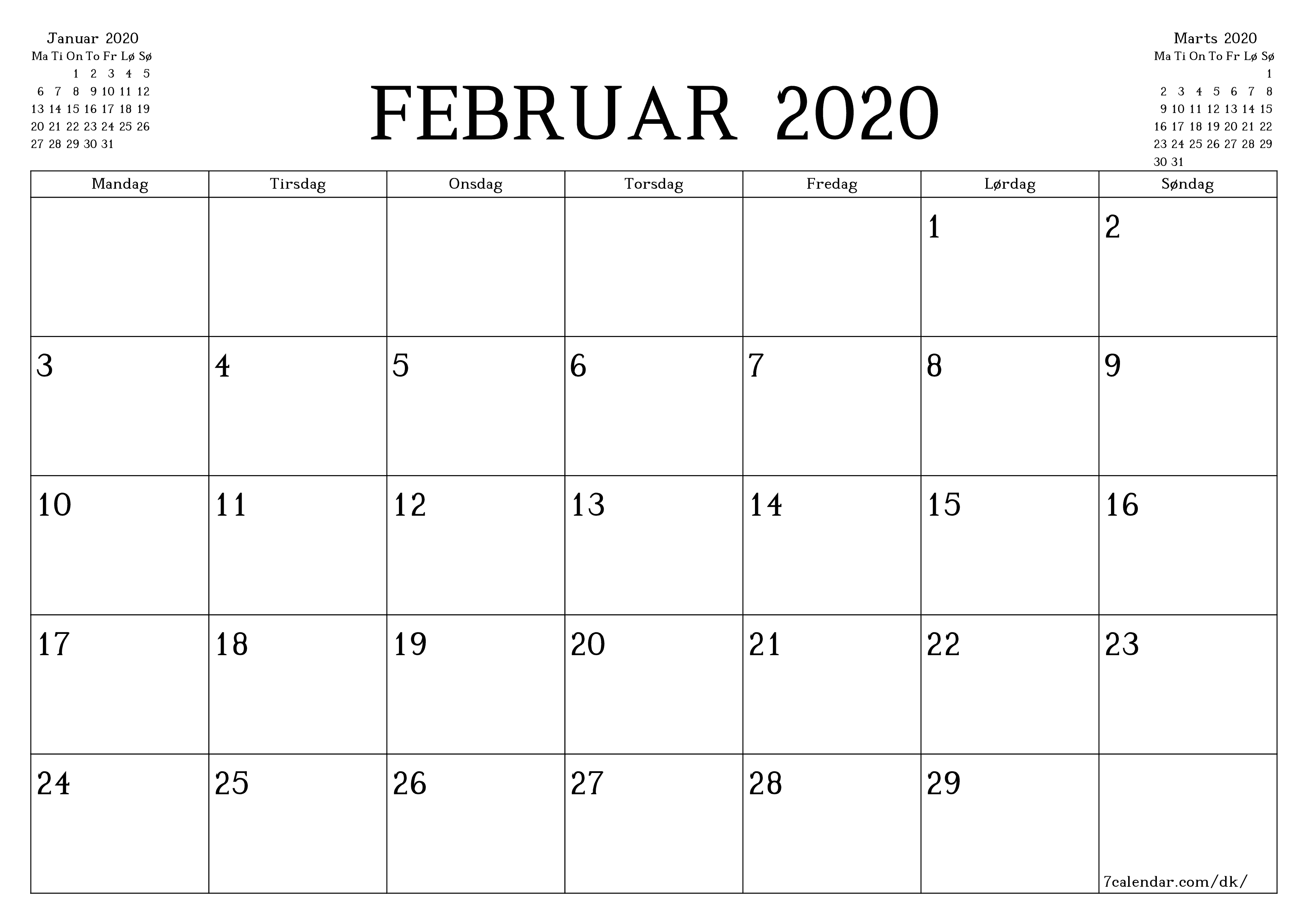 Tom månedlig planlægning for måned Februar 2020 med noter, gem og udskriv til PDF PNG Danish