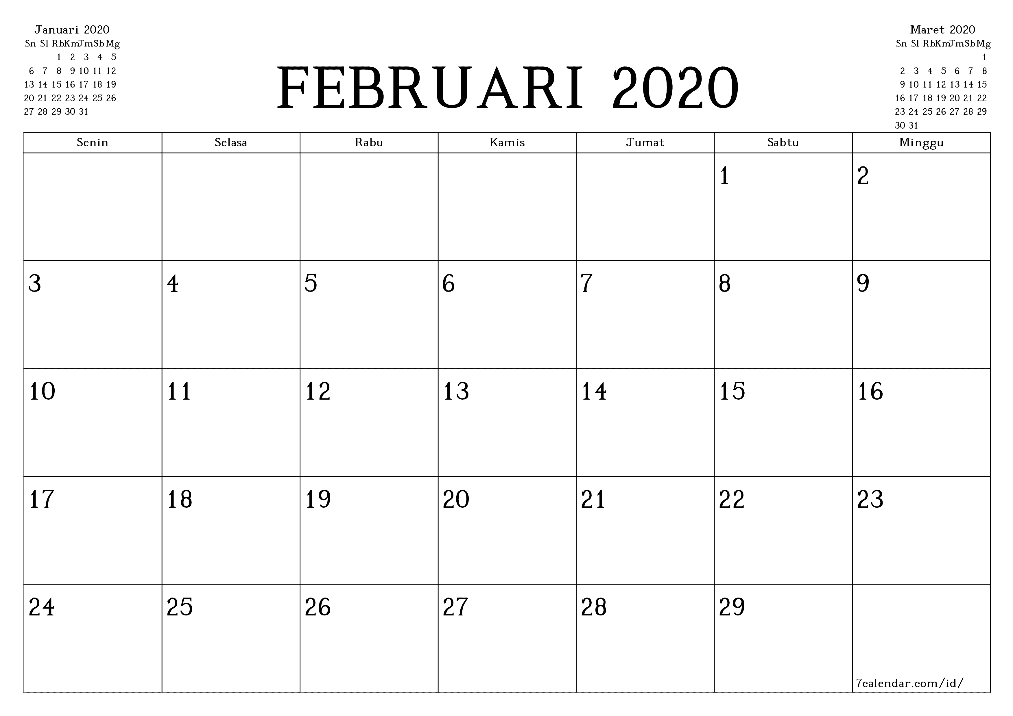 Kosongkan agenda bulanan untuk bulan Februari 2020 dengan catatan, simpan dan cetak ke PDF PNG Indonesian