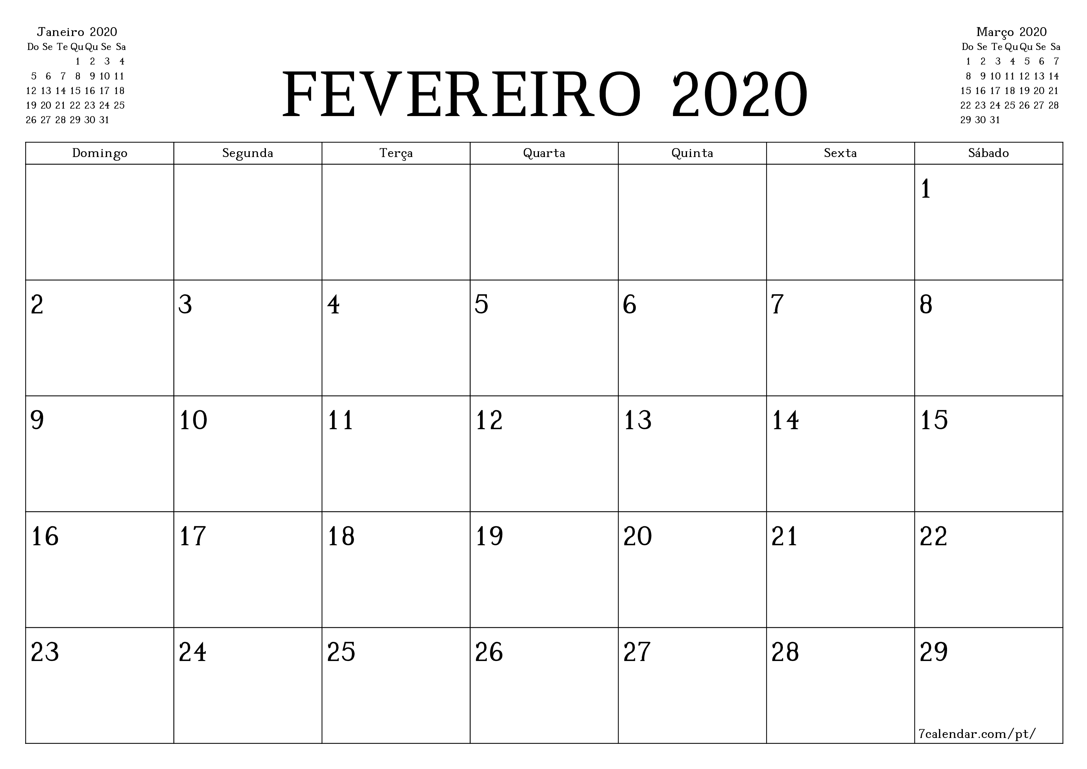 Esvazie o planejador mensal para o mês Fevereiro 2020 com notas, salve e imprima em PDF PNG Portuguese