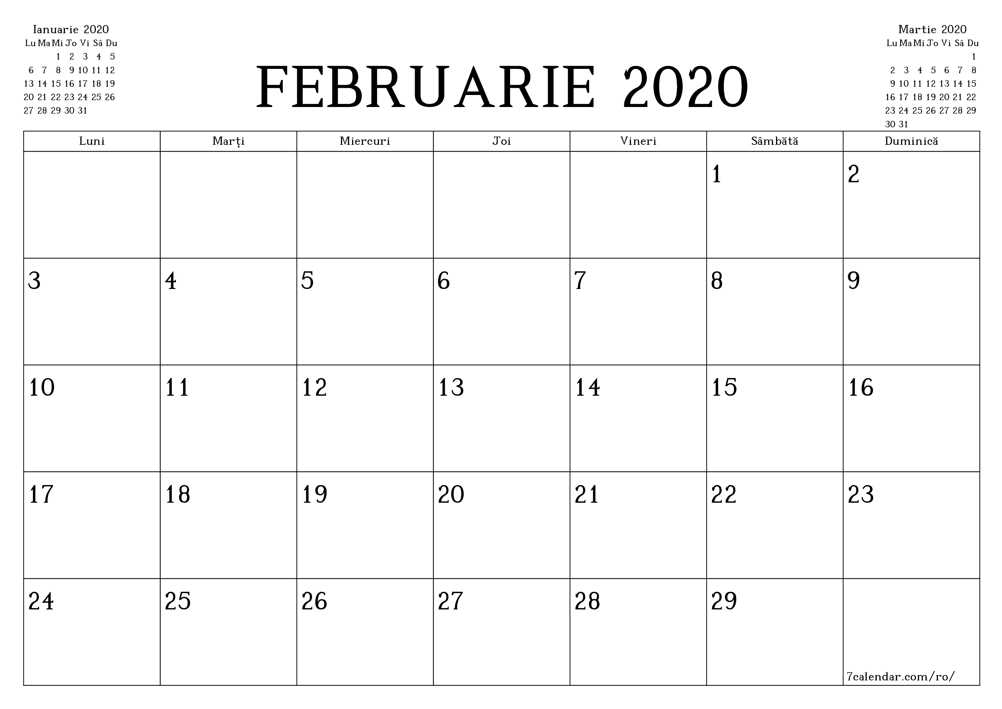 Planificator lunar gol pentru luna Februarie 2020 cu note, salvați și tipăriți în PDF PNG Romanian