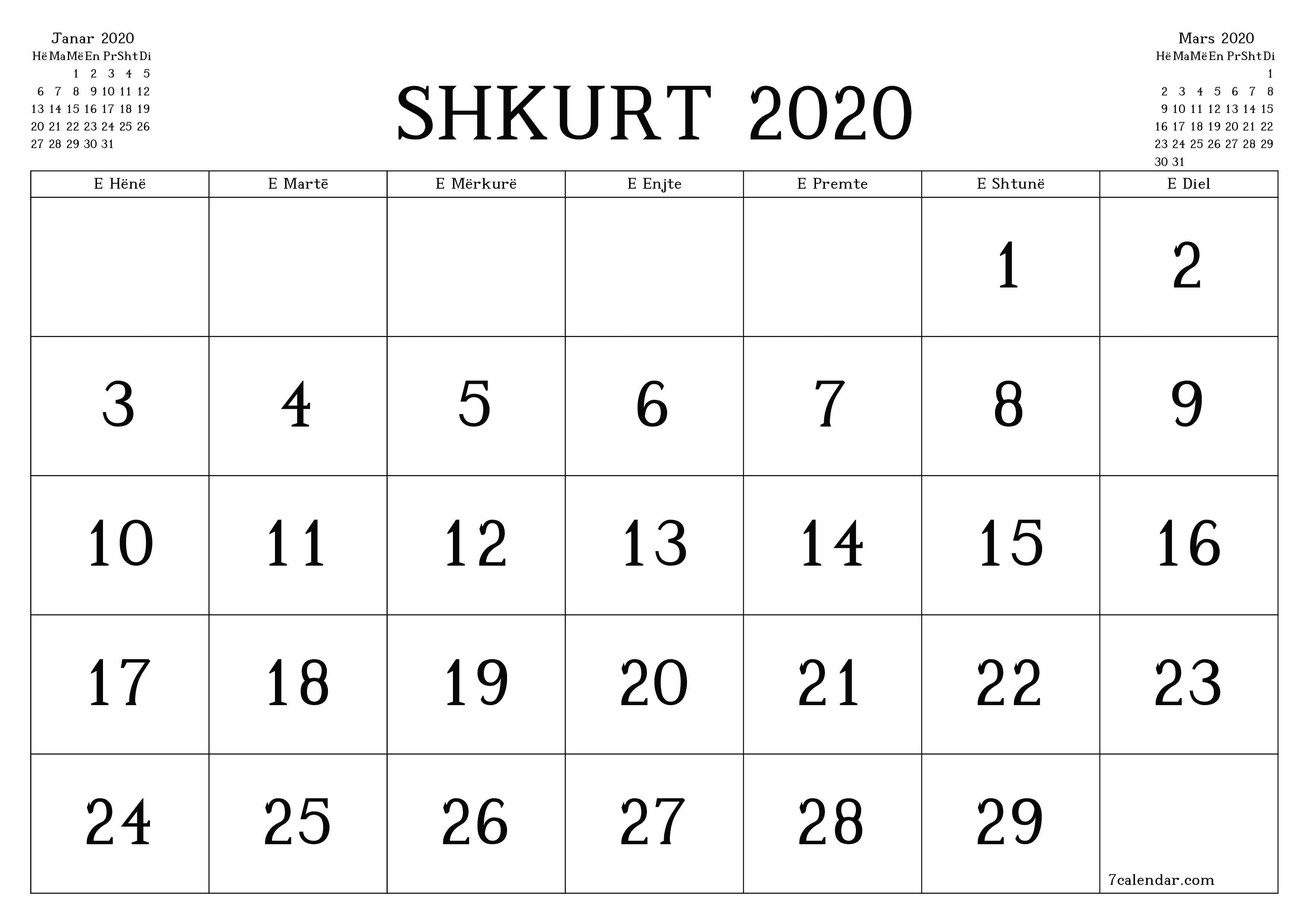 Planifikuesi i zbrazët i kalendarit mujor për muajin Shkurt 2020 me shënime të ruajtura dhe të printuara në PDF PNG Albanian