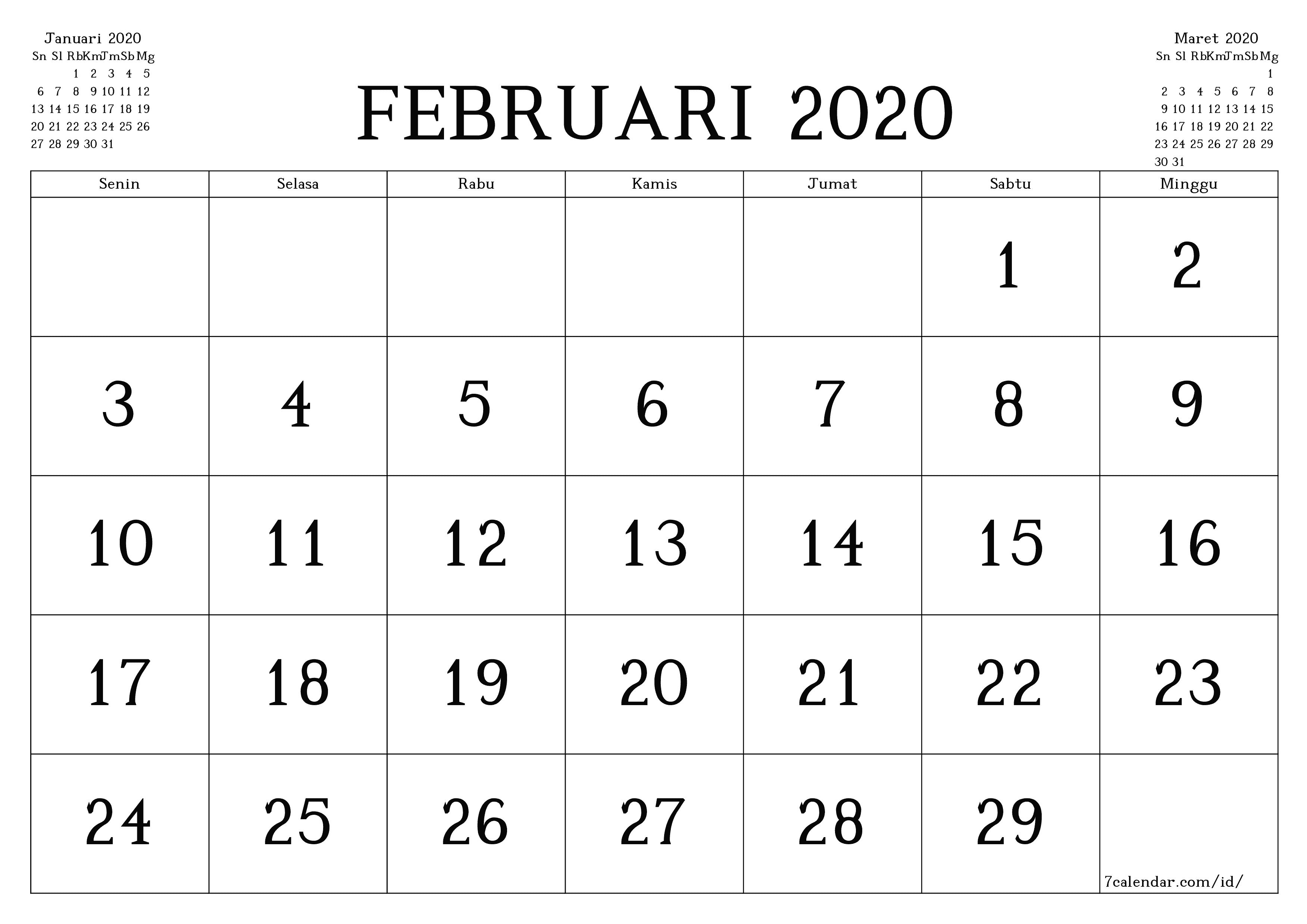 Kosongkan agenda bulanan untuk bulan Februari 2020 dengan catatan, simpan dan cetak ke PDF PNG Indonesian