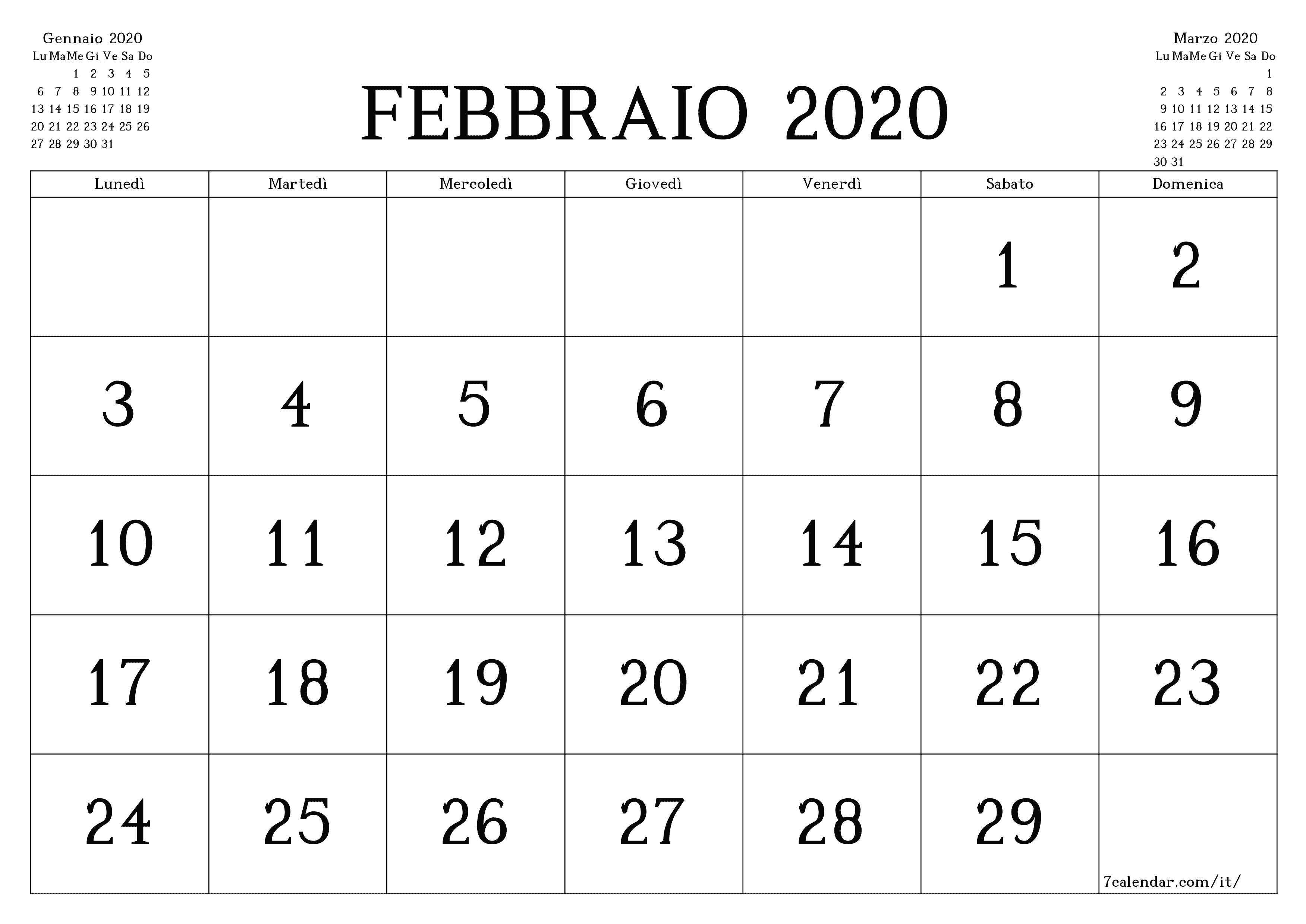  stampabile da parete modello di gratuitoorizzontale Mensile calendario Febbraio (Feb) 2020