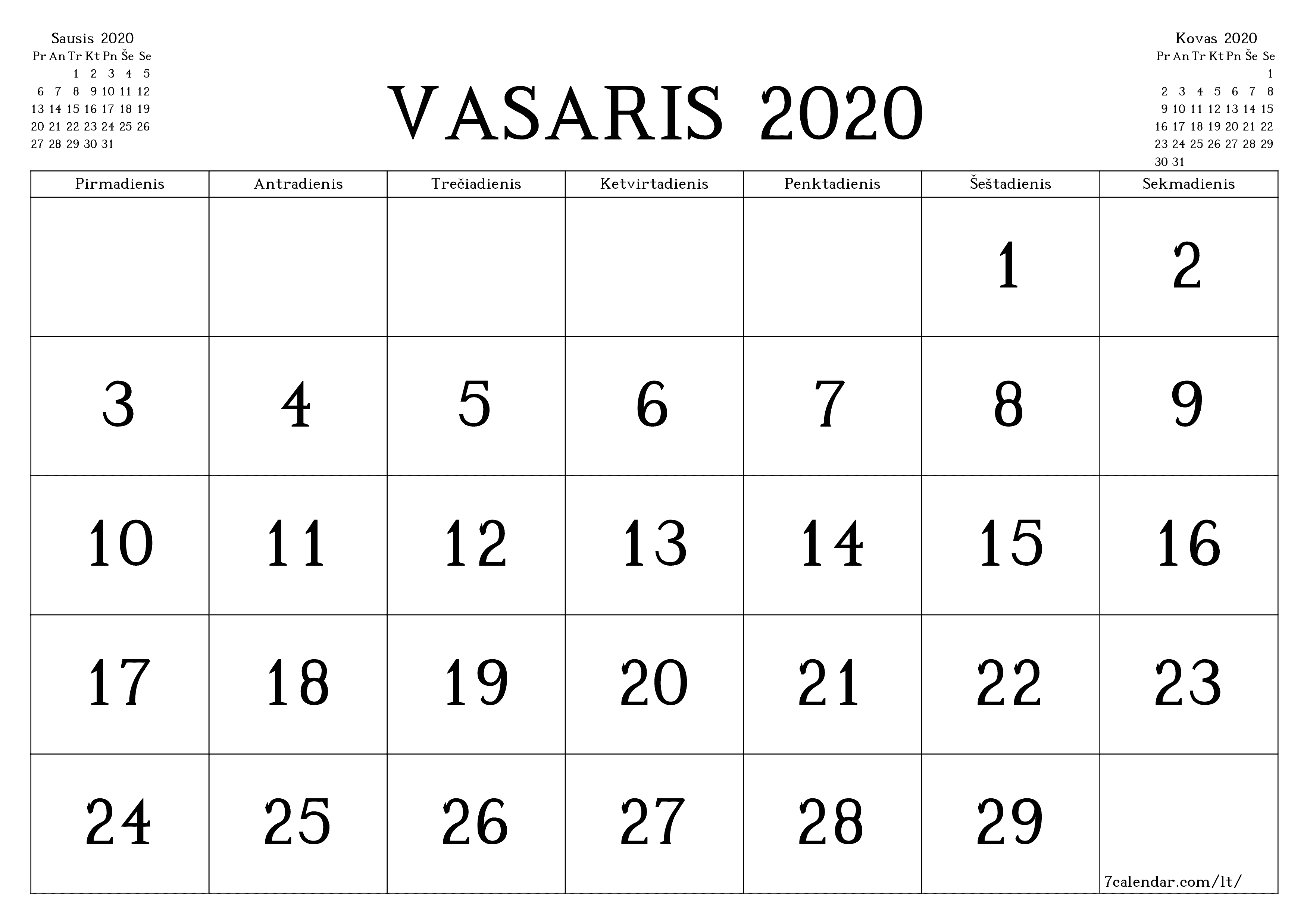 spausdinamas sieninis kalendoriaus šabloną nemokamas horizontaliai Kas mėnesį kalendorius Vasaris (Vas) 2020