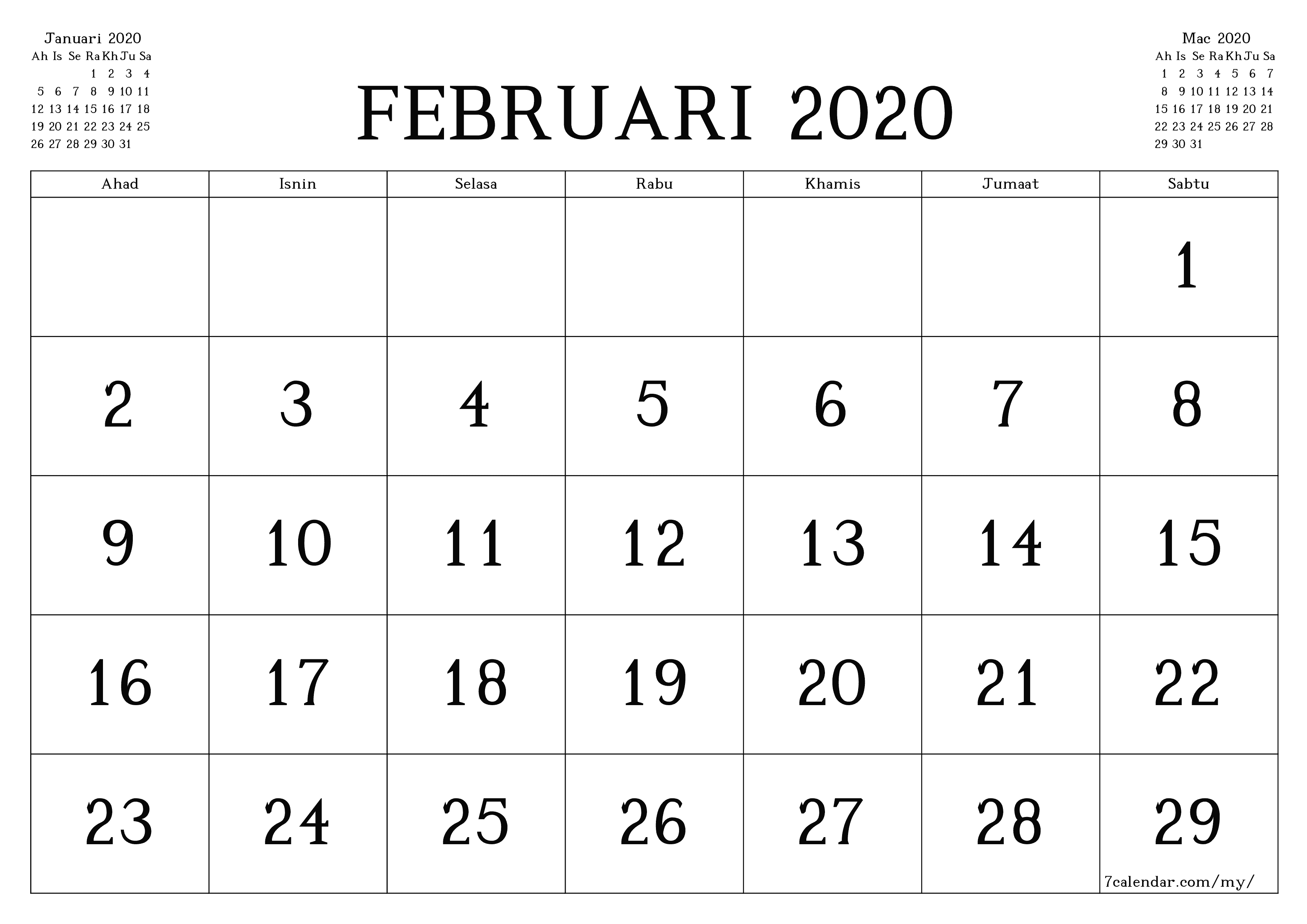  boleh cetak dinding templat percumamendatar Bulanan kalendar Februari (Feb) 2020