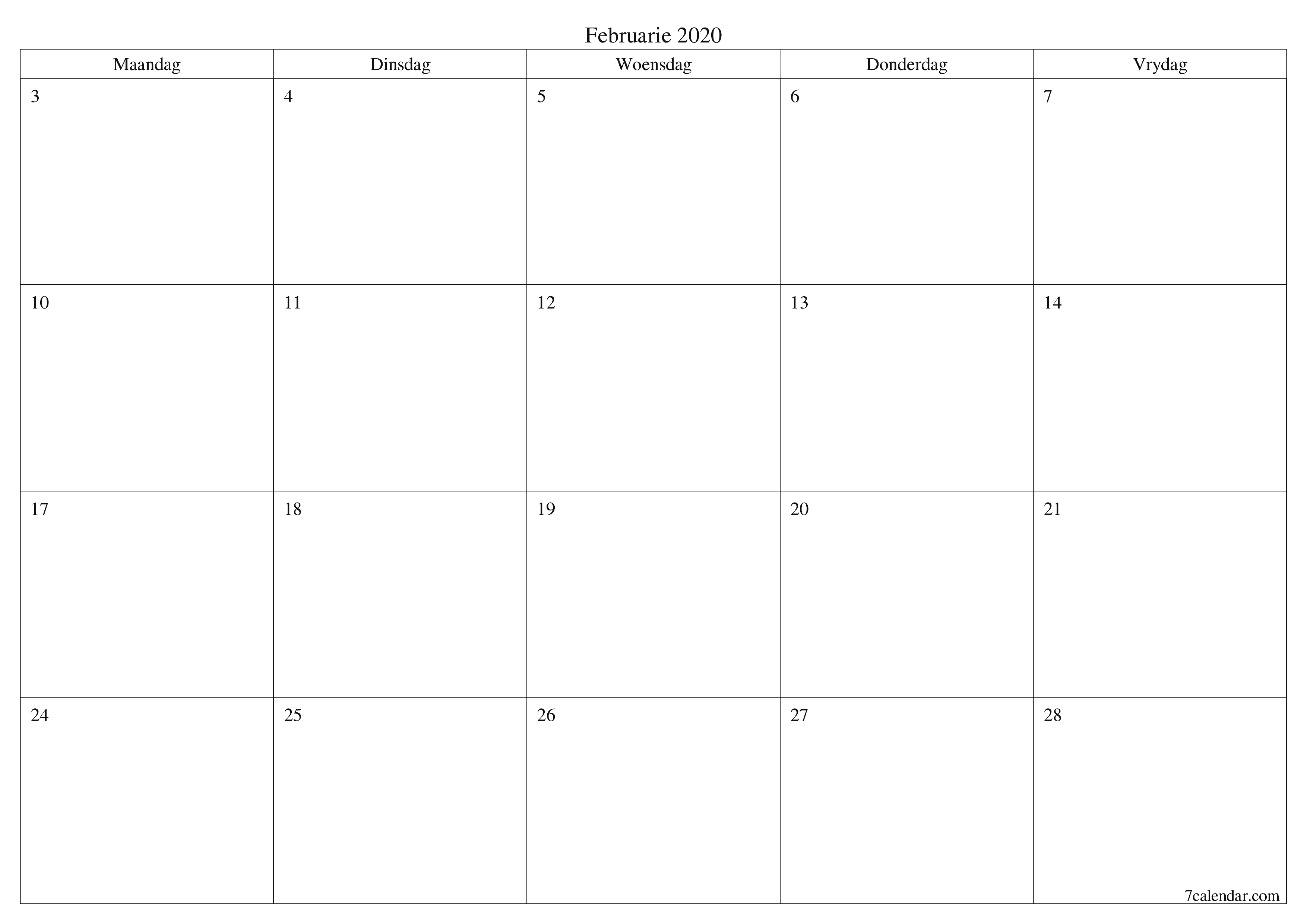 Leë maandelikse drukbare kalender en beplanner vir maand Februarie 2020 met notas stoor en druk na PDF PNG Afrikaans