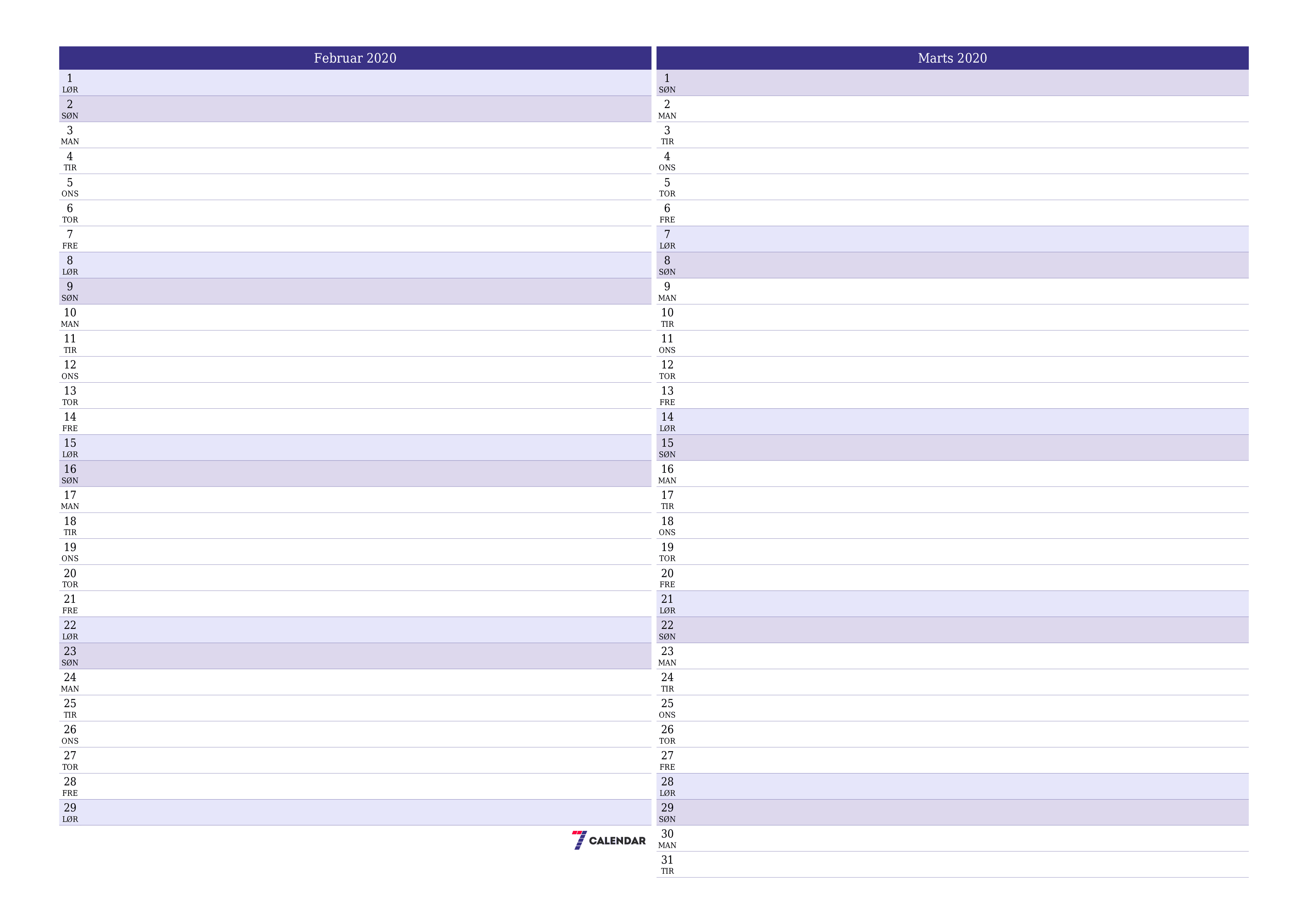 Tom månedlig planlægning for måned Februar 2020 med noter, gem og udskriv til PDF PNG Danish